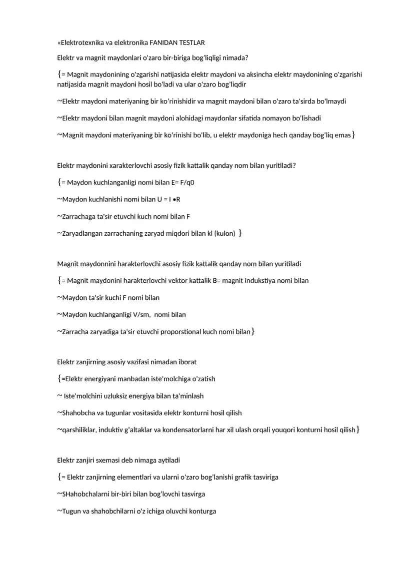 Elеktrotеxnika va elеktronika FANIDAN TESTLAR