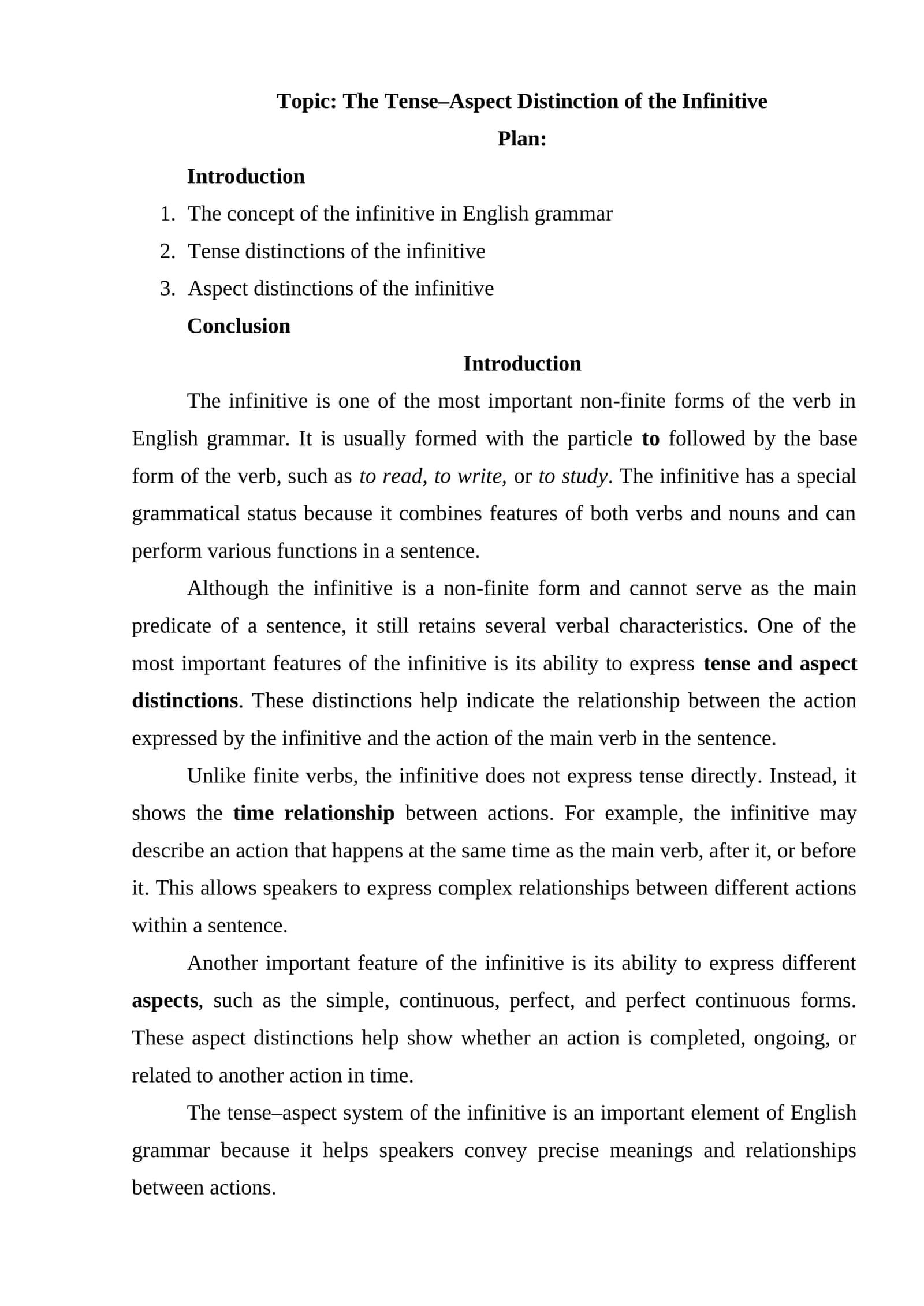 The Tense–Aspect Distinction of the Infinitive