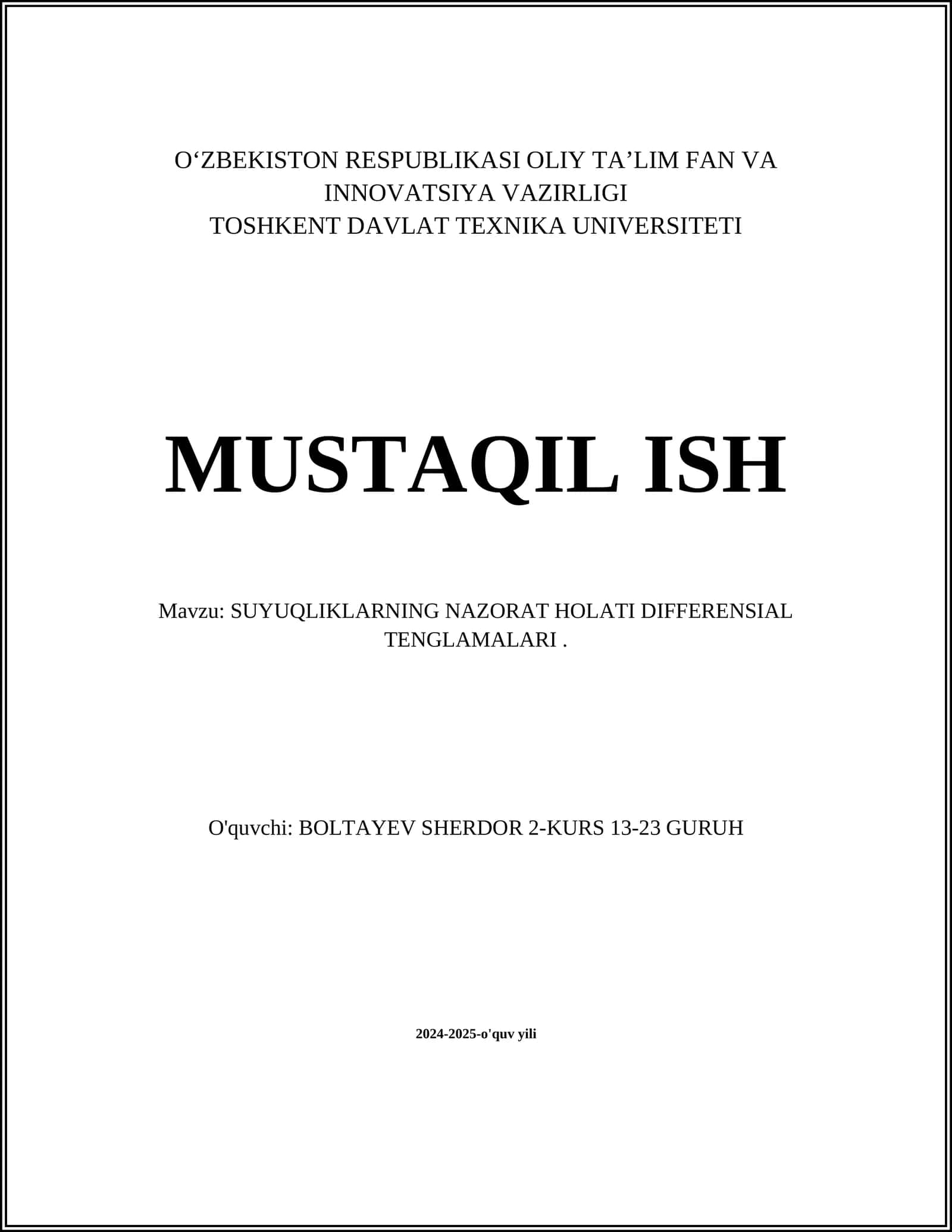 SUYUQLIKLARNING NAZORAT HOLATI DIFFERENSIAL TENGLAMALARI