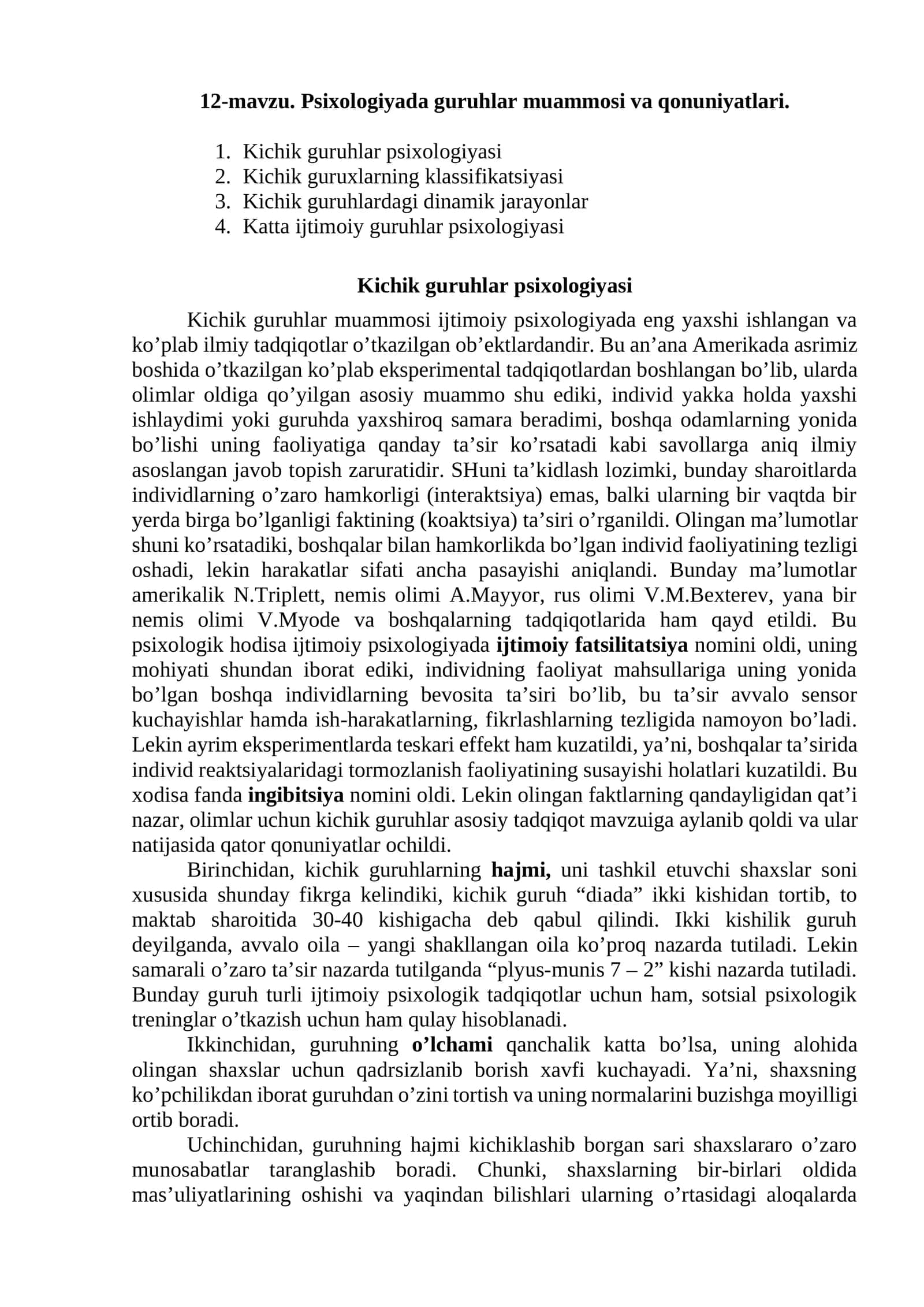 Psixologiyada guruhlar muammosi va qonuniyatlari