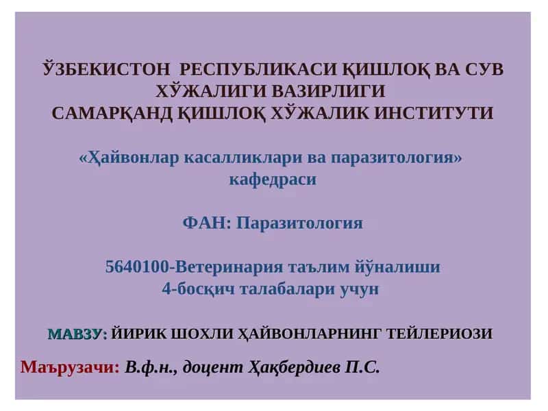 ЙИРИК ШОХЛИ ҲАЙВОНЛАРНИНГ ТЕЙЛЕРИОЗИ