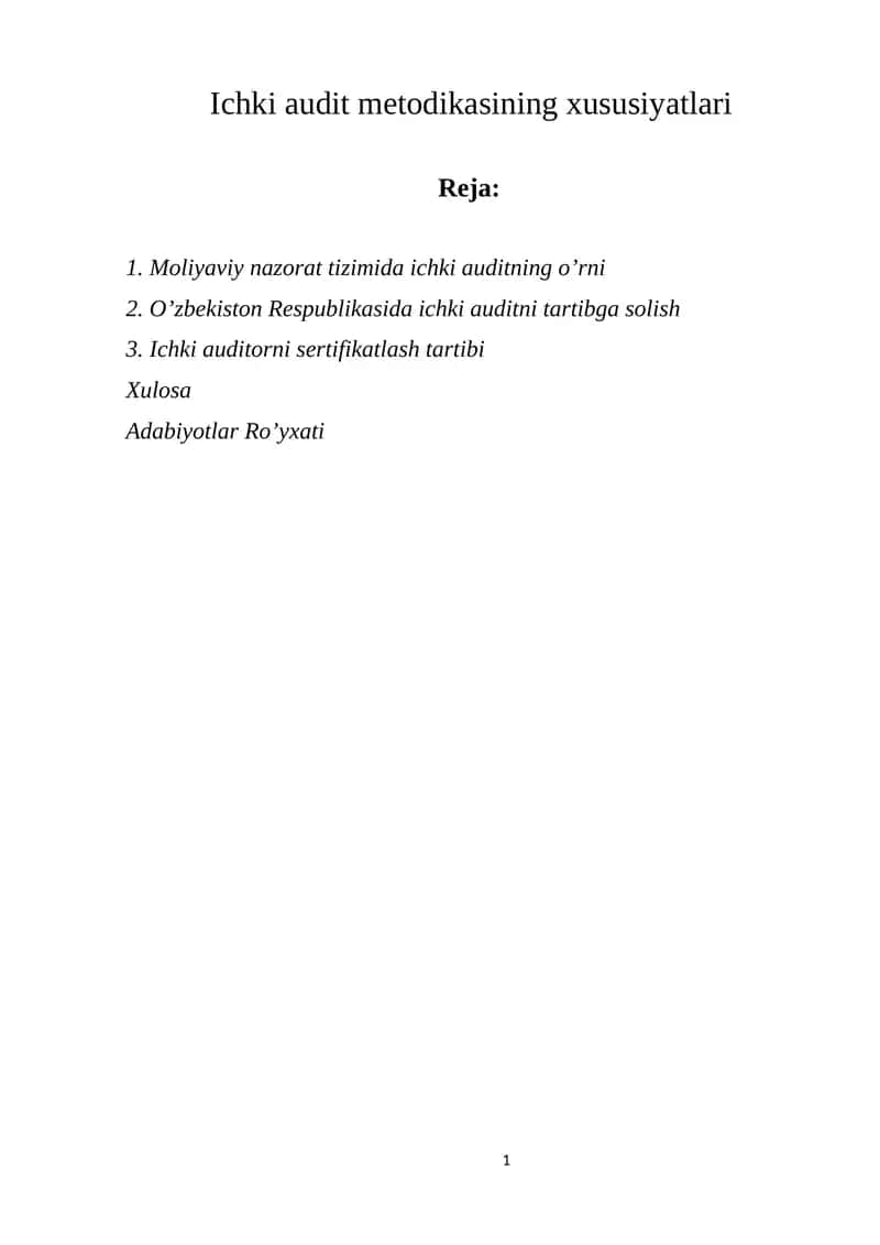Ichki audit metodikasining xususiyatlari