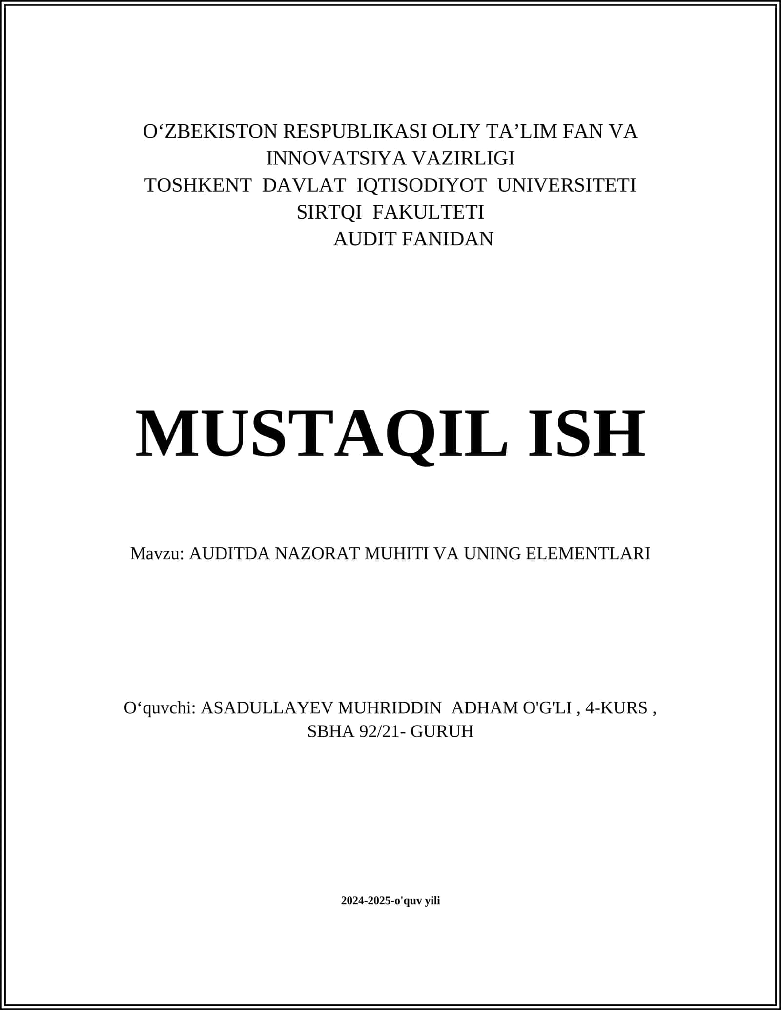 AUDITDA NAZORAT MUHITI VA UNING ELEMENTLARI
