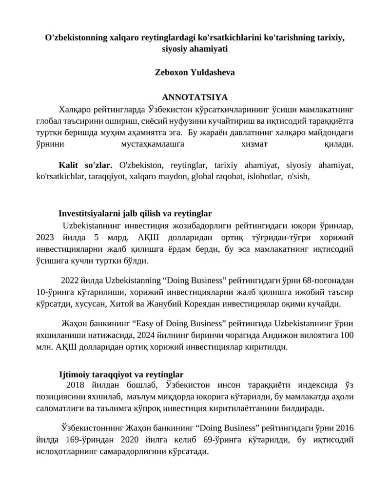 O'zbekistonning xalqaro reytinglardagi ko'rsatkichlarini ko'tarishning tarixiy, siyosiy ahamiyati