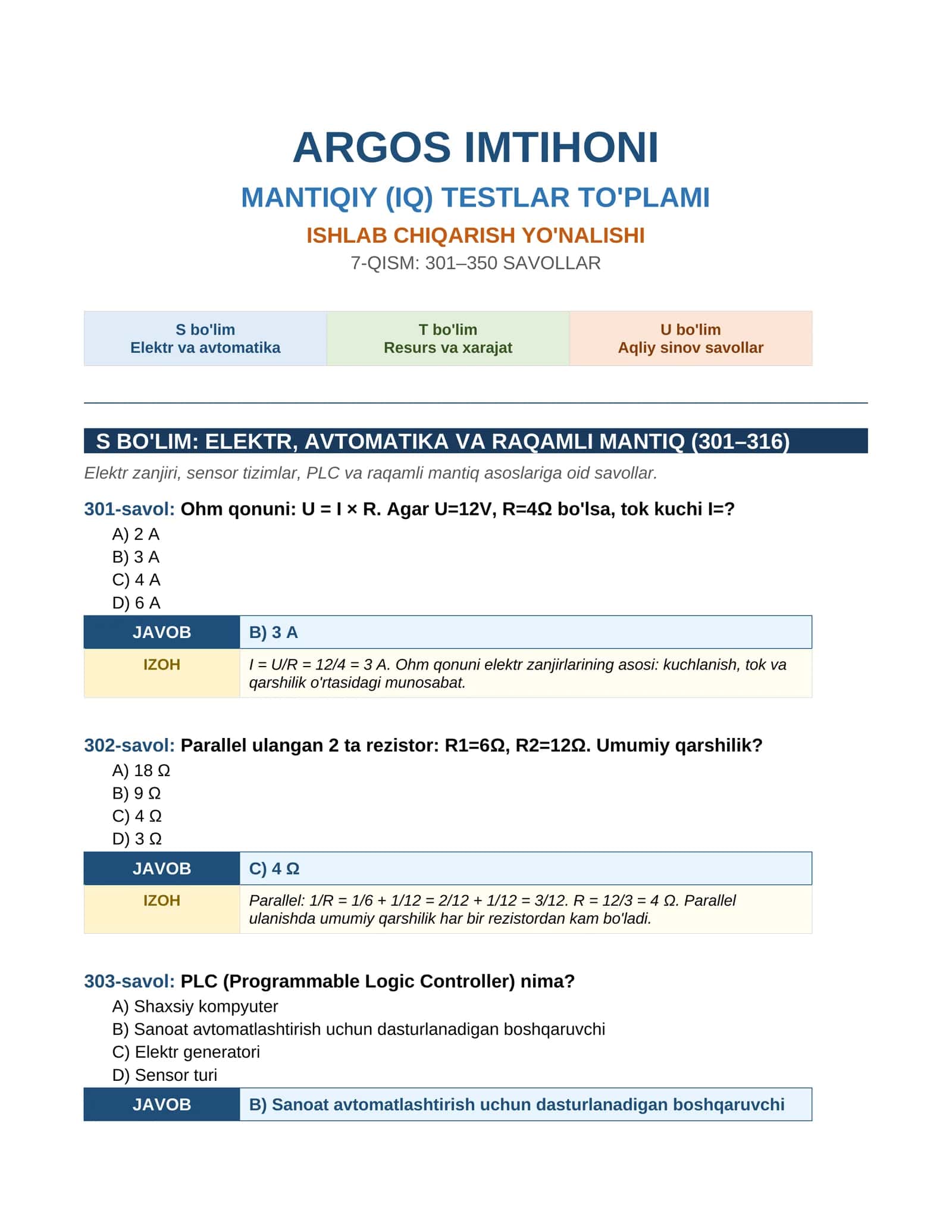 ARGOS IMTIHONI MANTIQIY (IQ) TESTLAR TO'PLAMI