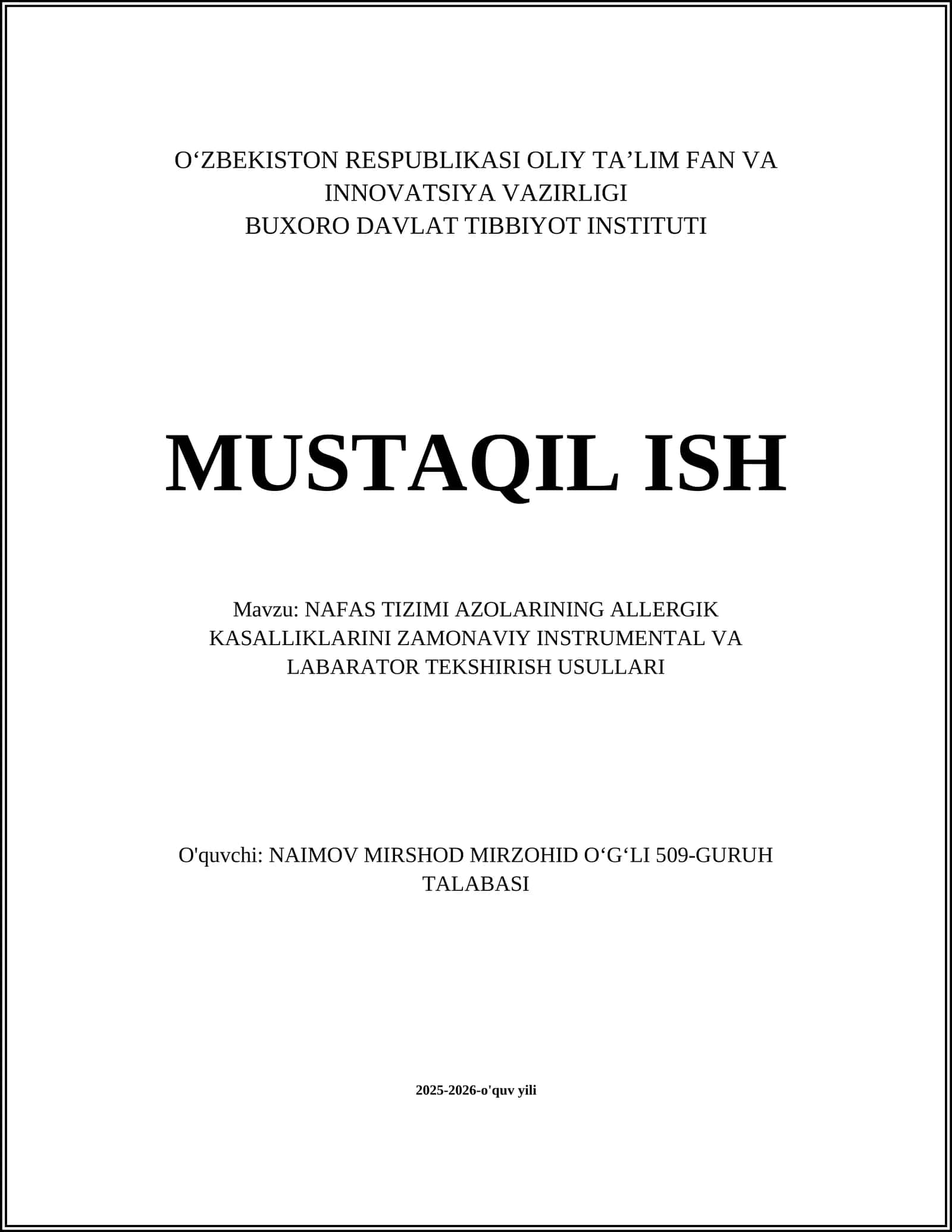 NAFAS TIZIMI AZOLARINING ALLERGIK KASALLIKLARINI ZAMONAVIY INSTRUMENTAL VA LABARATOR TEKSHIRISH USULLARI