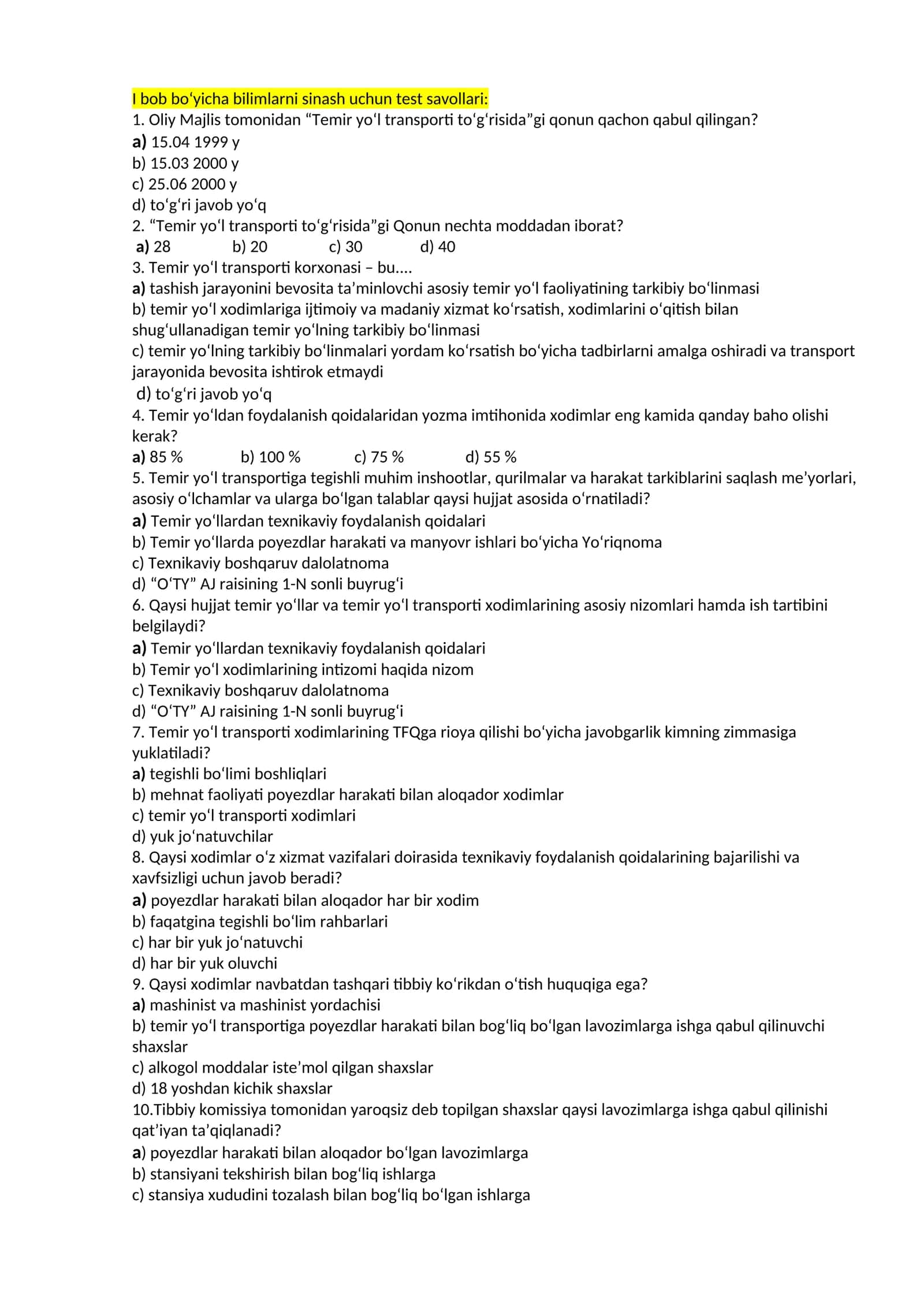 Bob bo‘yicha bilimlarni sinash uchun test savollari