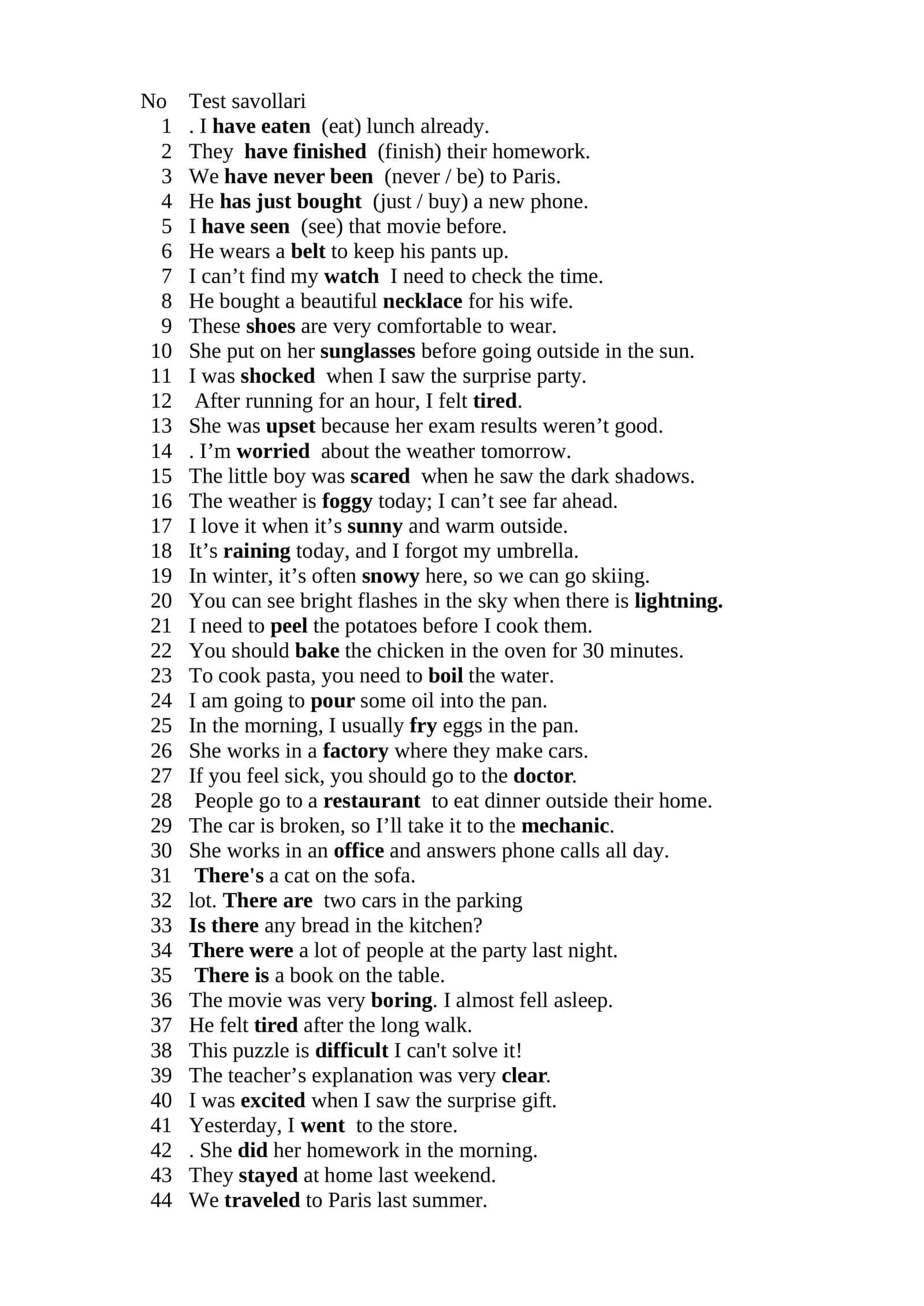 ingliz tili testlar