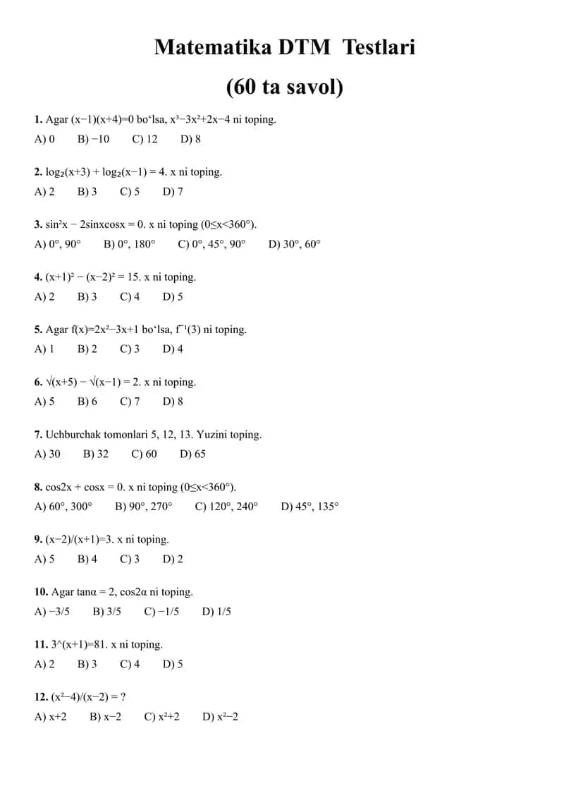 Matematikadan DTM testlar