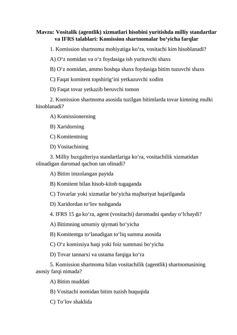 Vositalik (agentlik) xizmatlari hisobini yuritishda milliy standartlar va IFRS talablari: Komission shartnomalar bo‘yicha farqlar