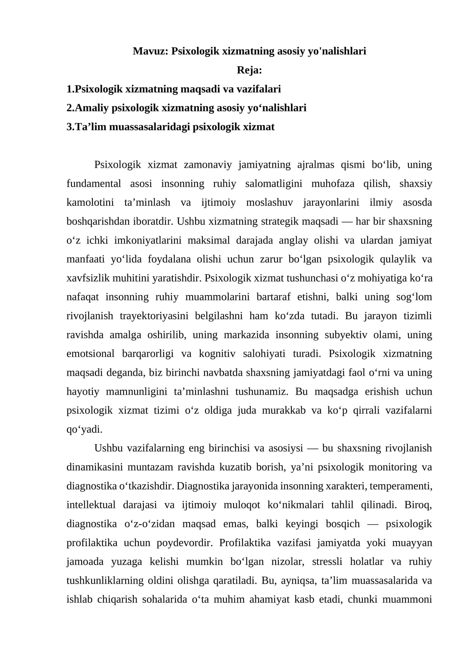 Psixologik xizmatning asosiy yo'nalishlari