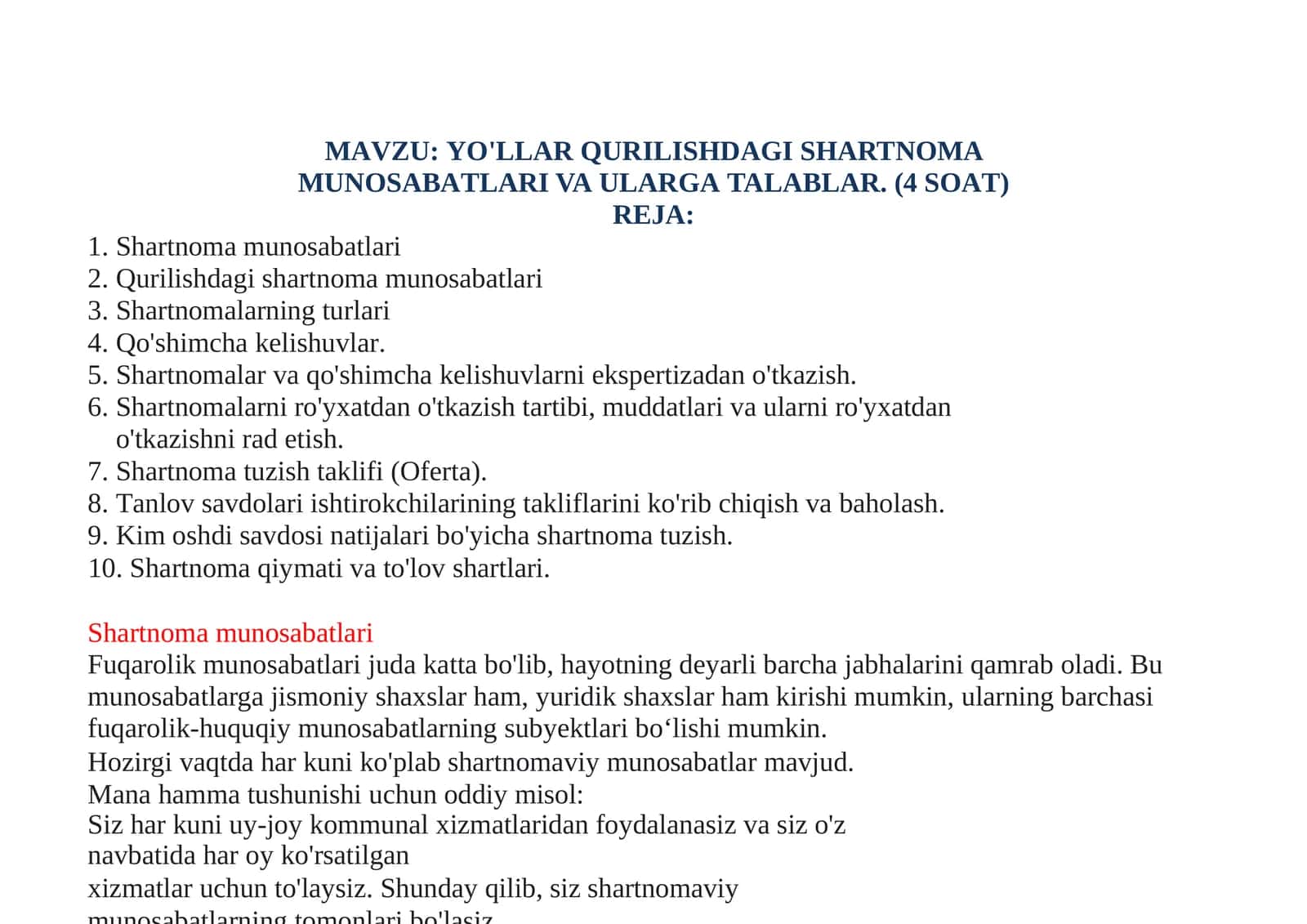 YO'LLAR QURILISHDAGI SHARTNOMA MUNOSABATLARI VA ULARGA TALABLAR