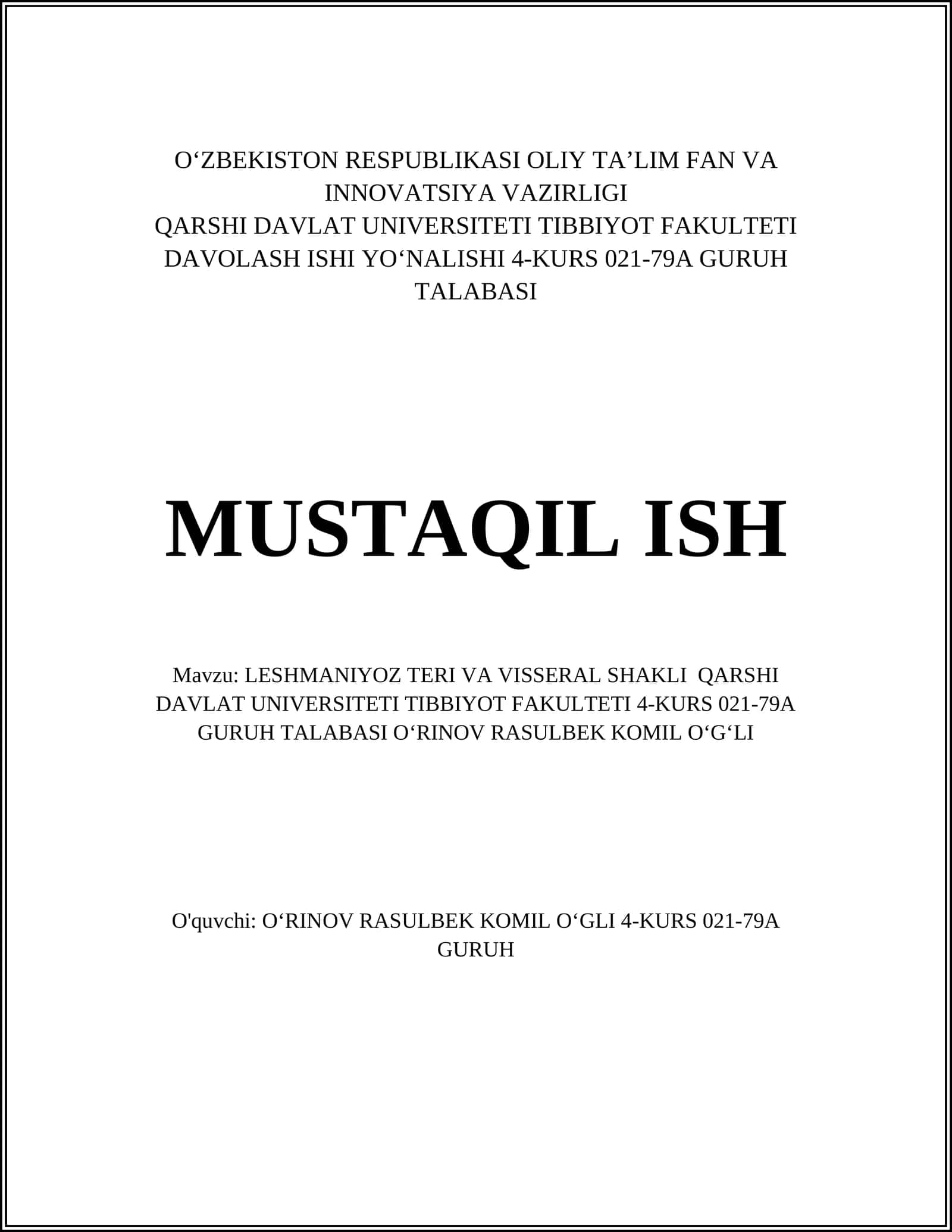 LESHMANIYOZ TERI VA VISSERAL SHAKLI