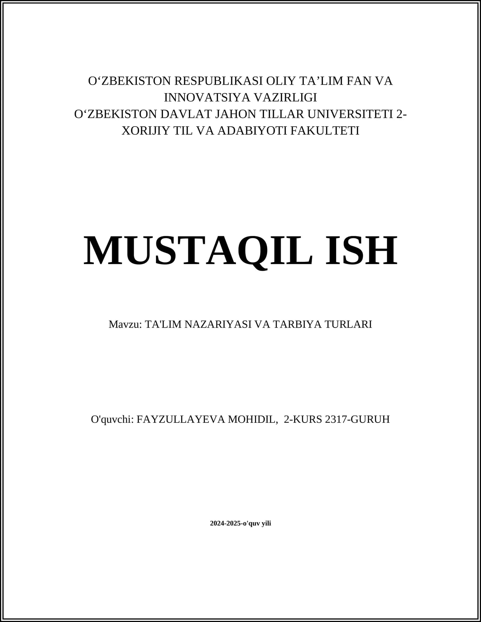 TA'LIM NAZARIYASI VA TARBIYA TURLARI