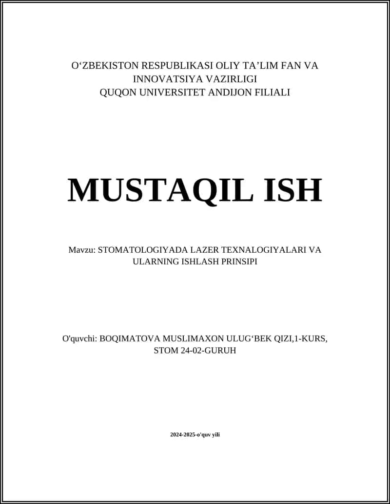 STOMATOLOGIYADA LAZER TEXNALOGIYALARI VA ULARNING ISHLASH PRINSIPI