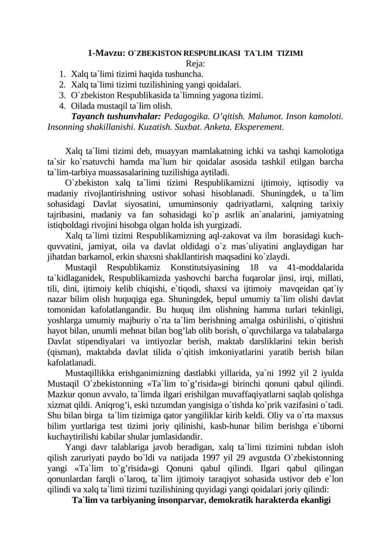 O`ZBEKISTON RESPUBLIKASI TA`LIM TIZIMI