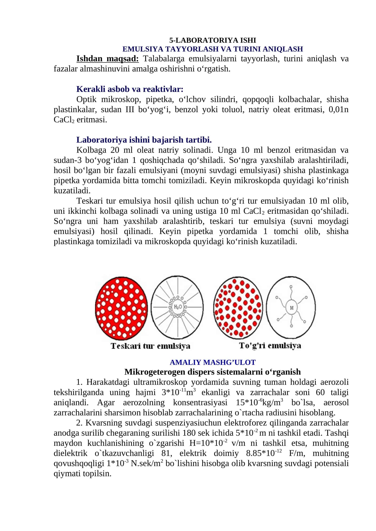 emulsiyalarni tayyorlash, turini aniqlash va fazalar almashinuvini amalga oshirish