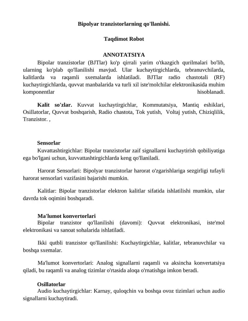 Bipolyar tranzistorlarning qo'llanishi