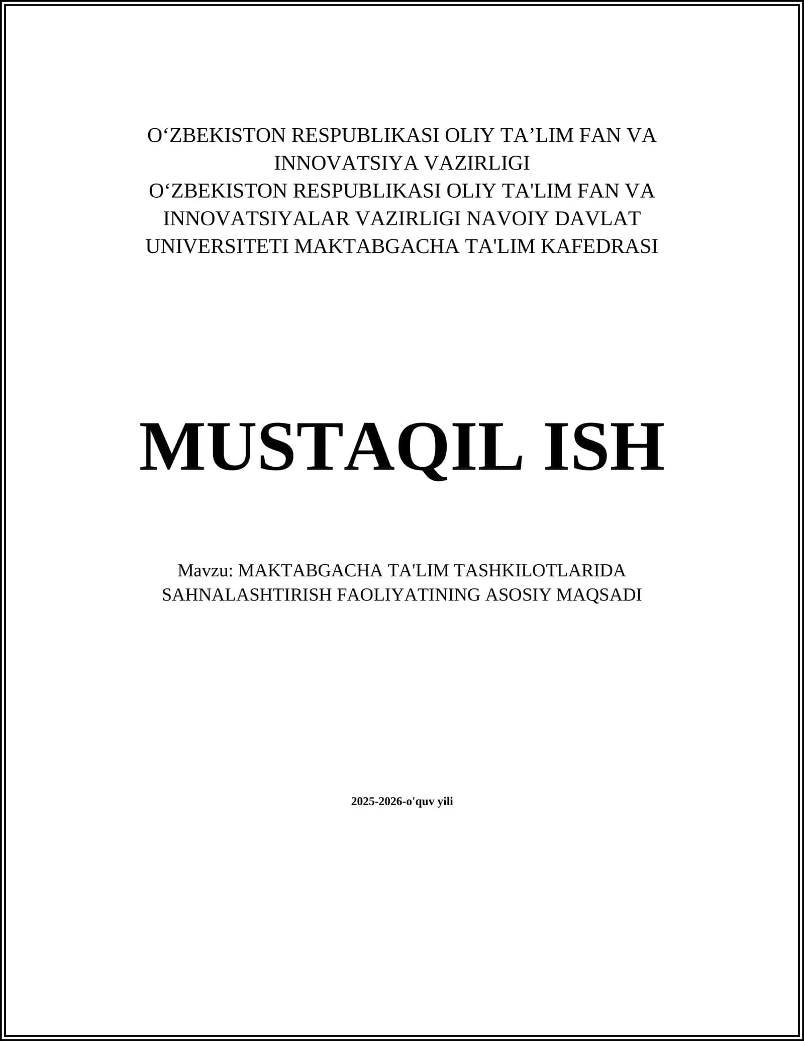 MAKTABGACHA TA'LIM TASHKILOTLARIDA SAHNALASHTIRISH FAOLIYATINING ASOSIY MAQSADI