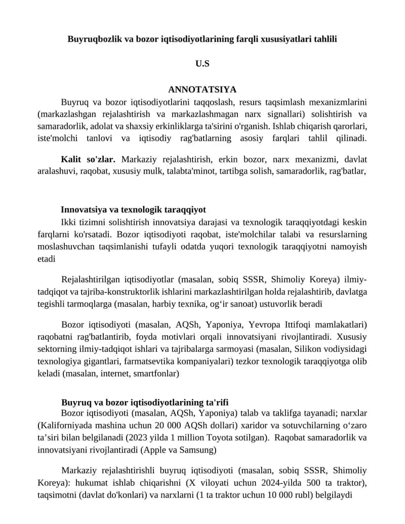 Buyruqbozlik va bozor iqtisodiyotlarining farqli xususiyatlari tahlili