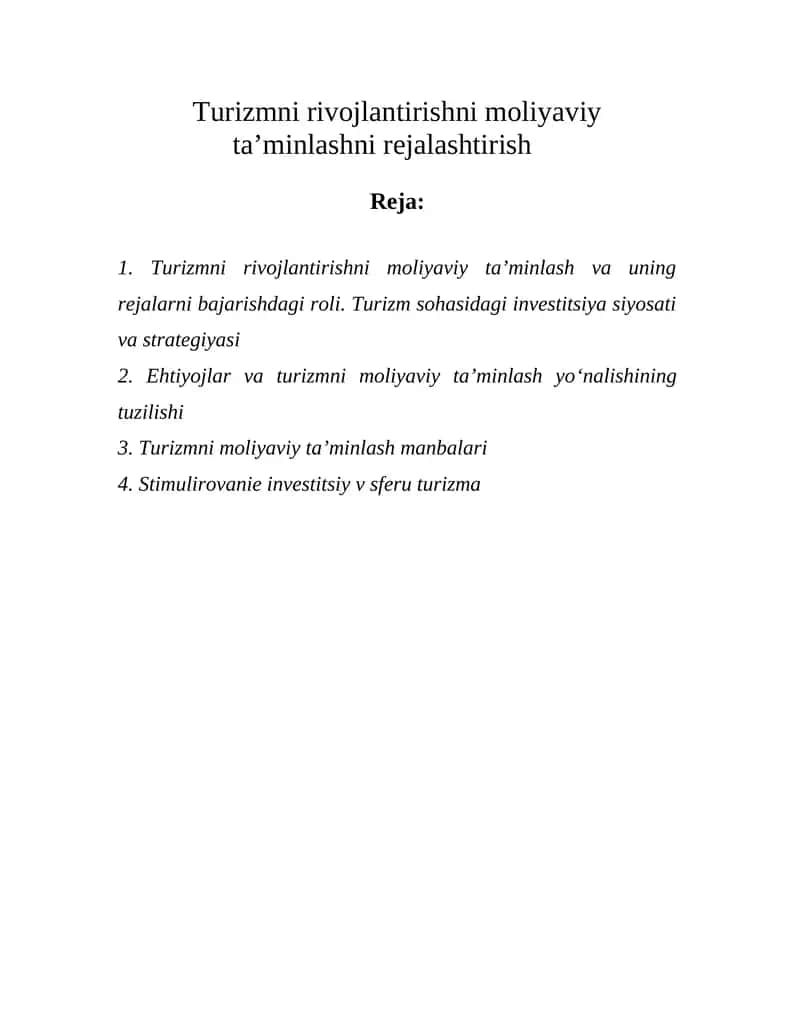 Turizmni rivojlantirishni moliyaviy ta’minlashni rejalashtirish