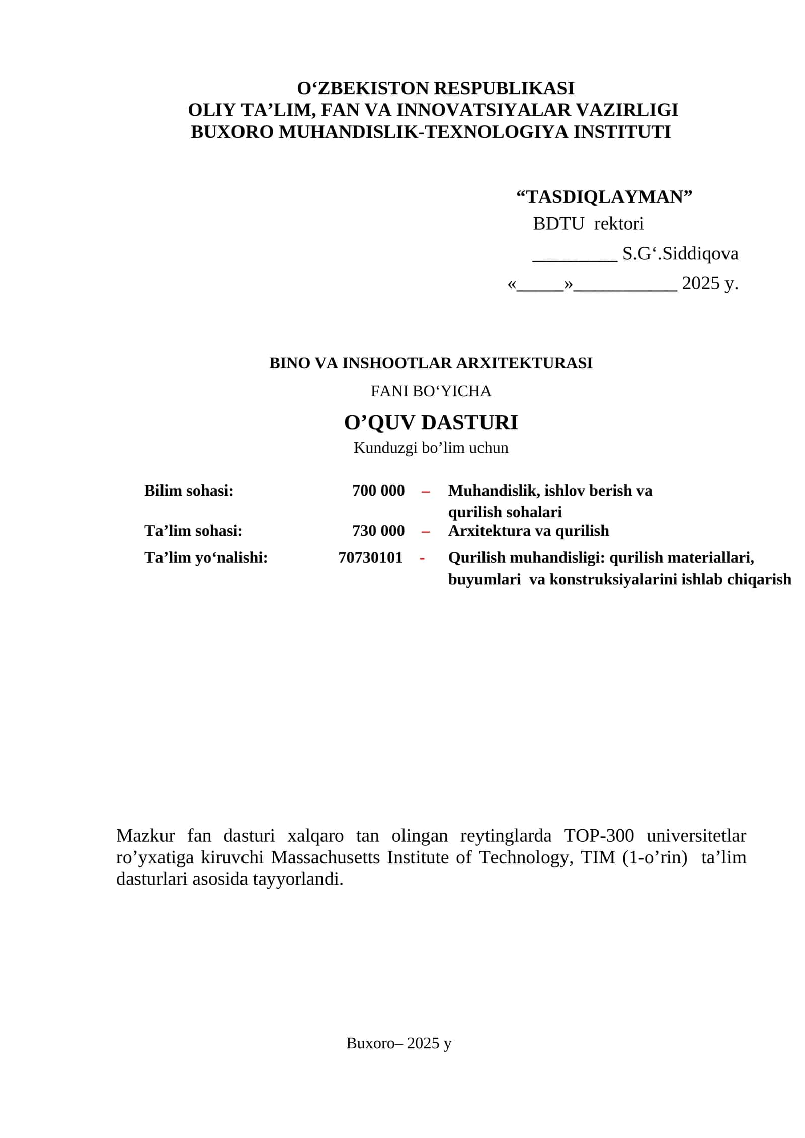 BINO VA INSHOOTLAR ARXITEKTURASI FANI BO‘YICHA O’QUV DASTURI