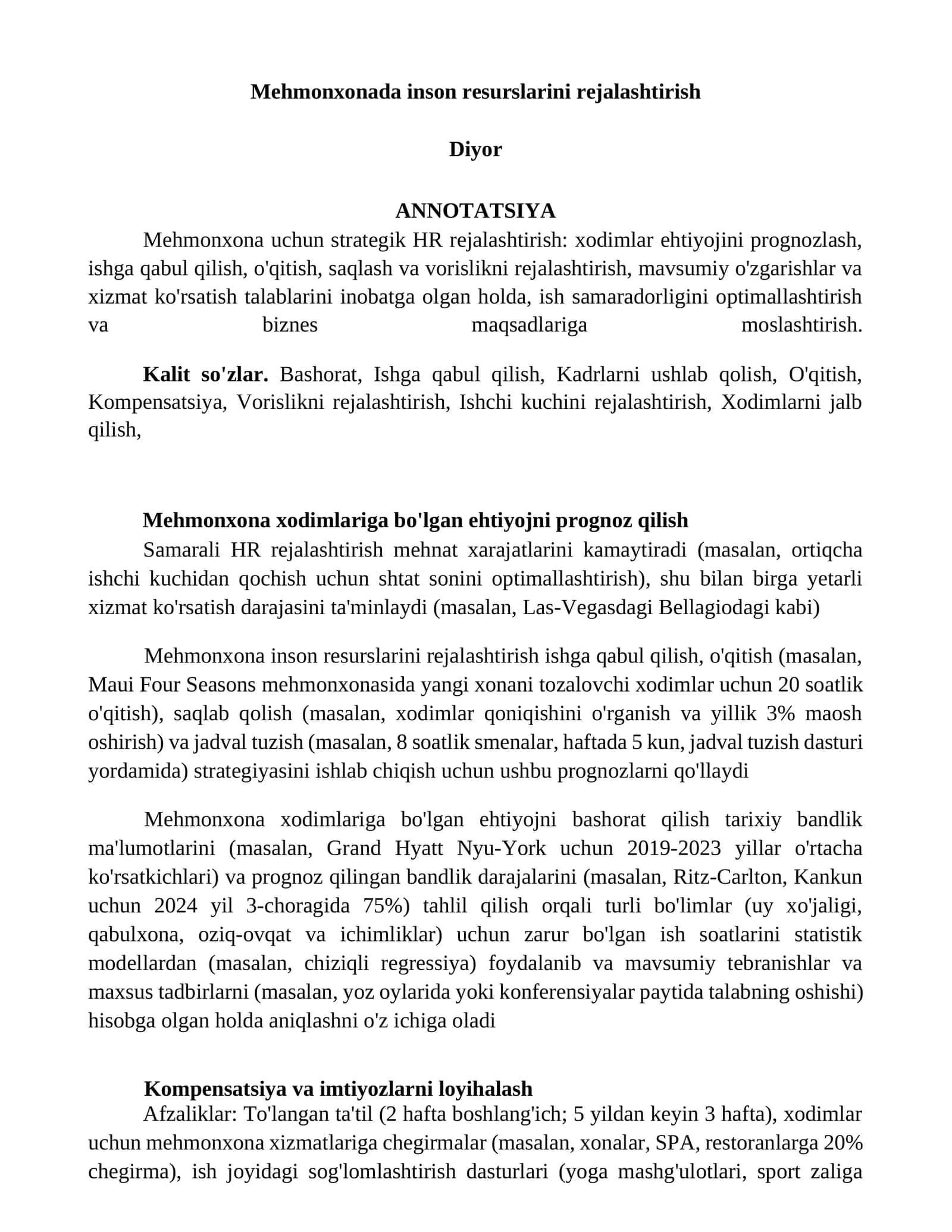 Mehmonxonada inson resurslarini rejalashtirish