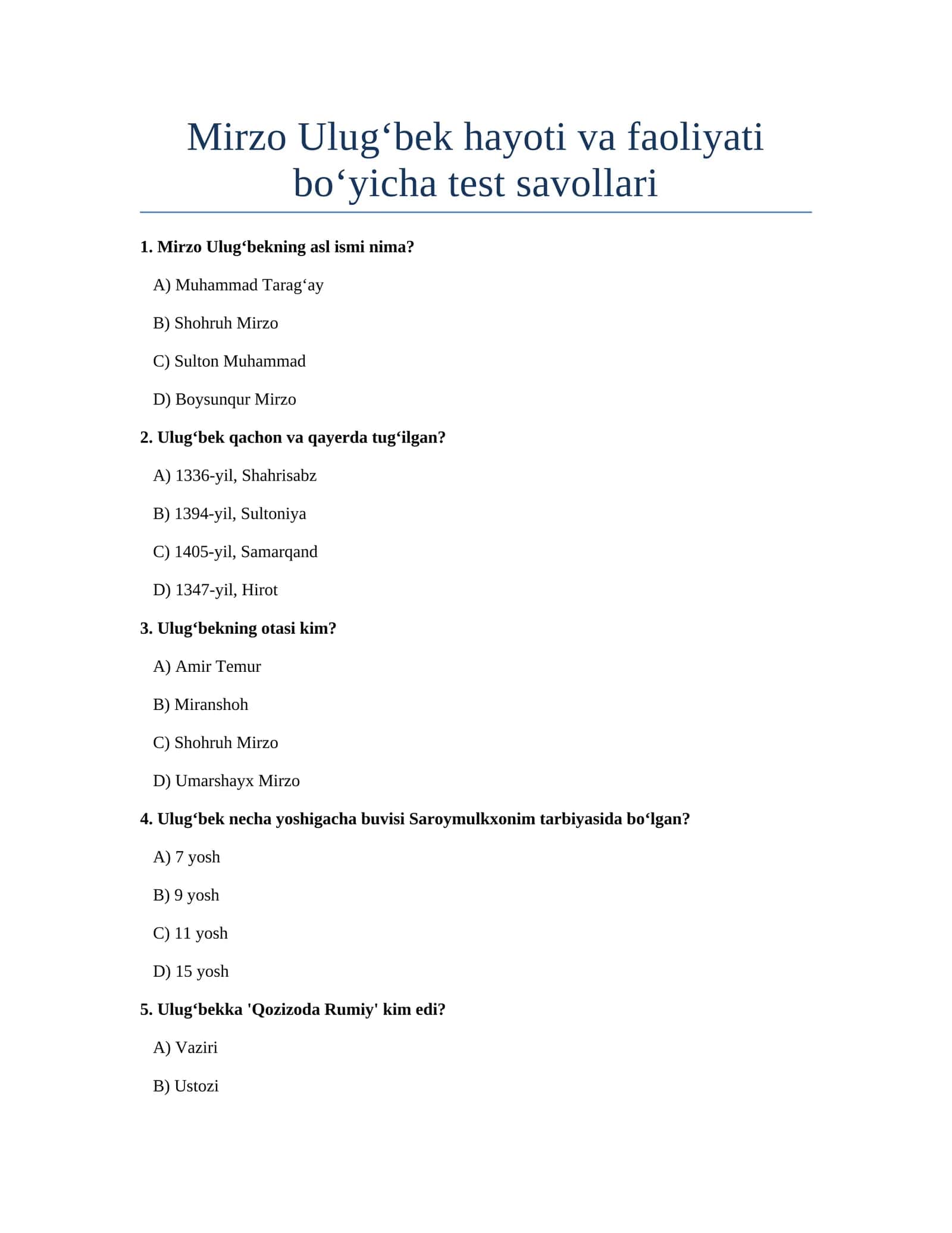 Mirzo Ulugbek Testlar 30