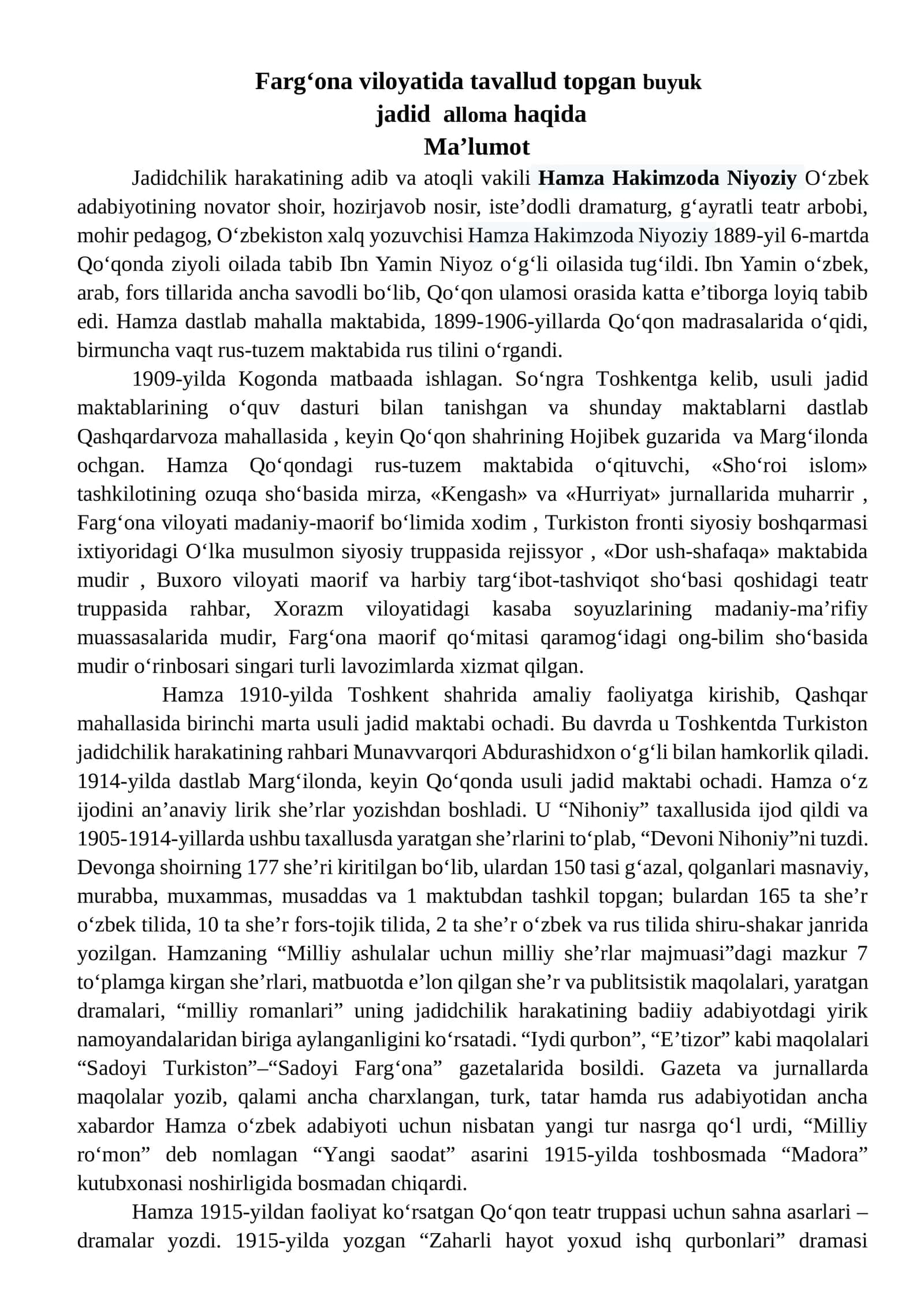 Hamza Hakimzoda Niyoziy hayoti