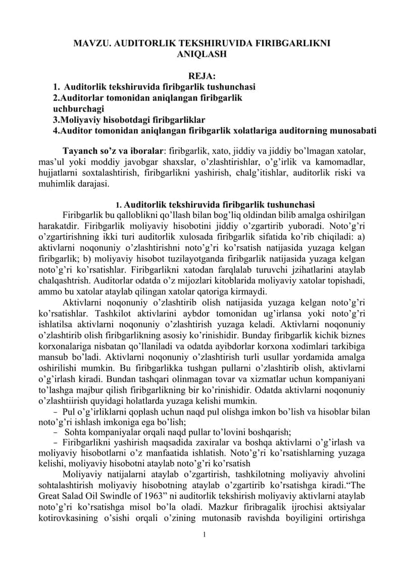 AUDITORLIK TEKSHIRUVIDA FIRIBGARLIKNI ANIQLASH