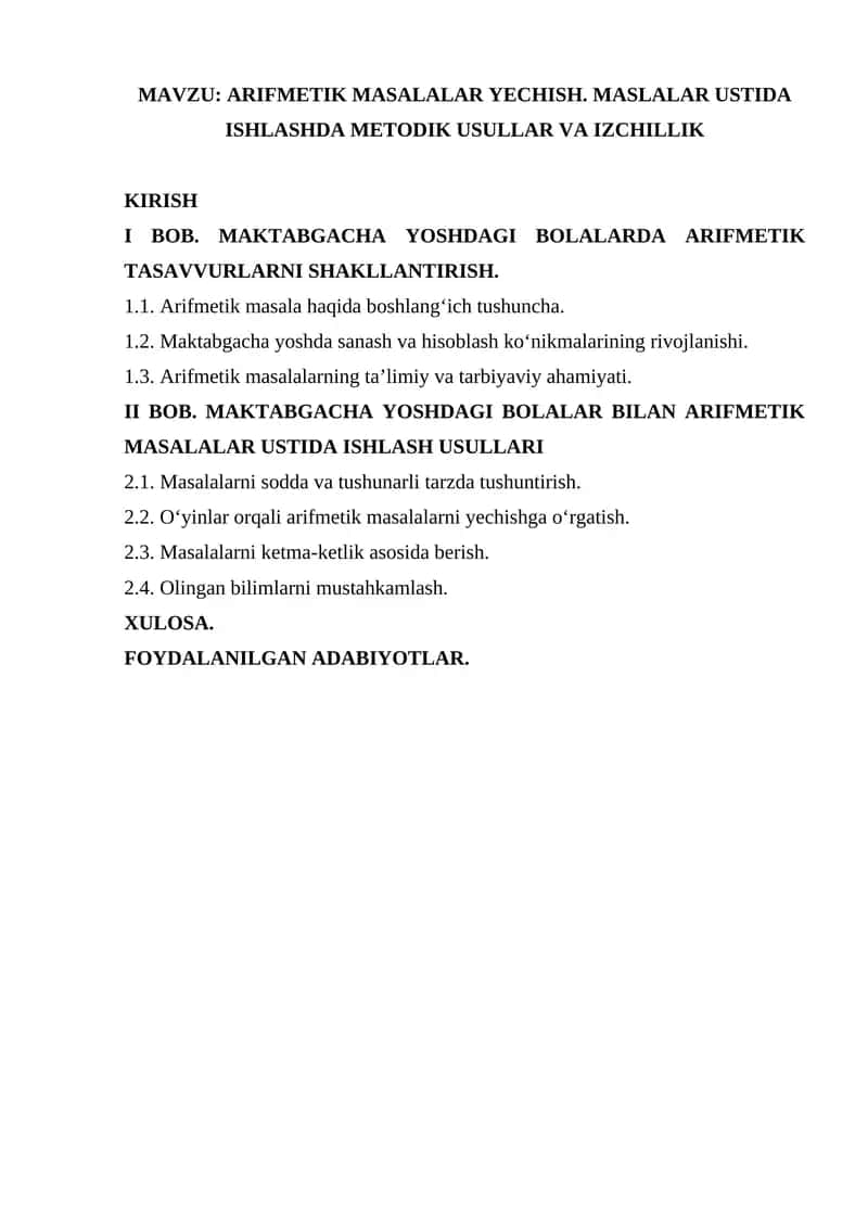 ARIFMETIK MASALALAR YECHISH. MASLALAR USTIDA ISHLASHDA METODIK USULLAR VA IZCHILLIK