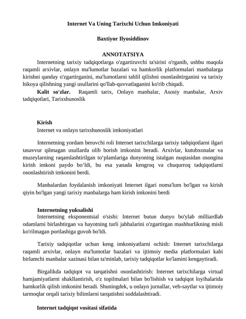 Internet Va Uning Tarixchi Uchun Imkoniyati