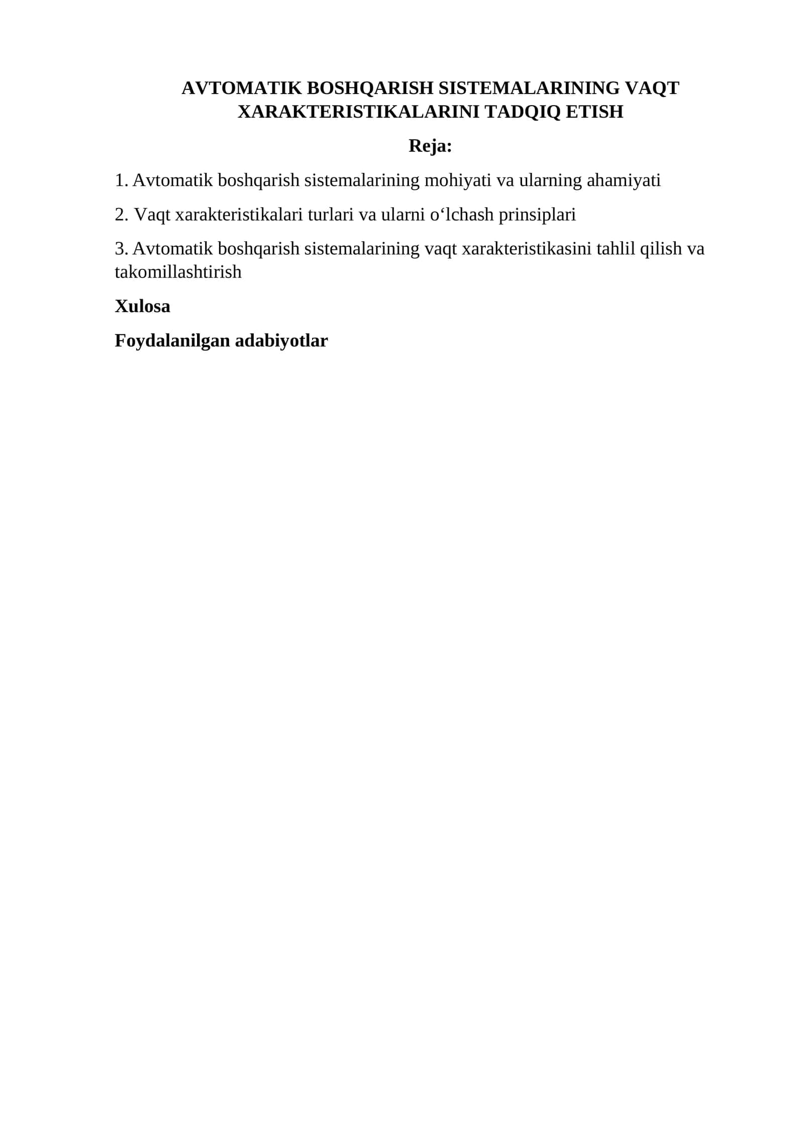 AVTOMATIK BOSHQARISH SISTEMALARINING VAQT XARAKTERISTIKALARINI TADQIQ ETISH