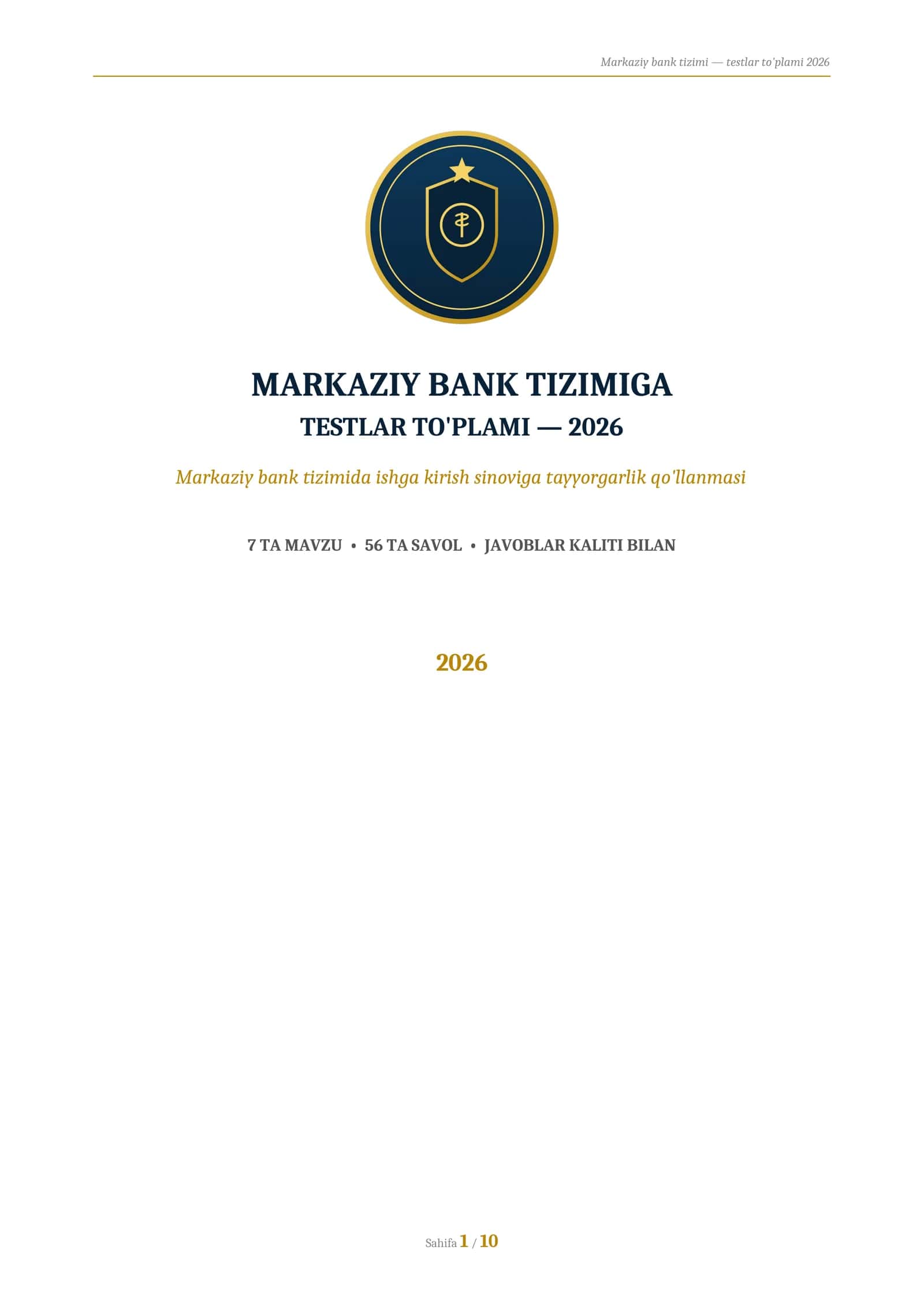 MARKAZIY BANK TIZIMIGA
TESTLAR TO'PLAMI