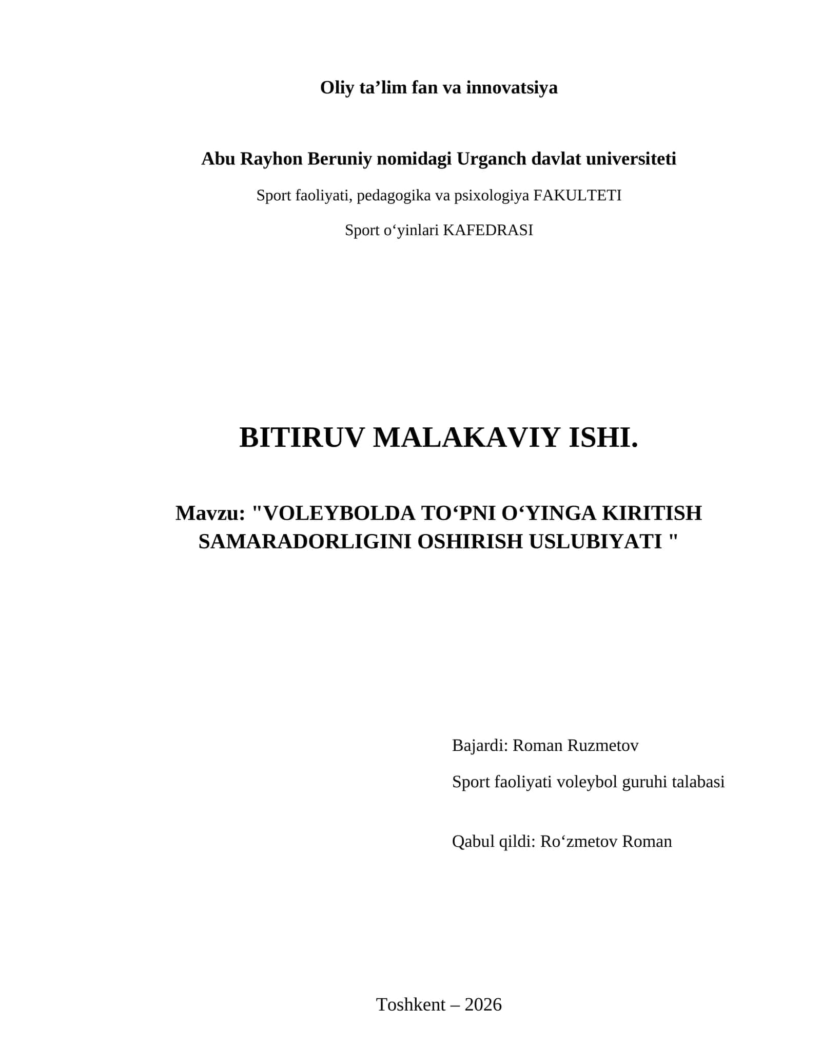 Voleybolda toʻpni oʻyinga kiritish samaradorligini oshirish uslubiyati
