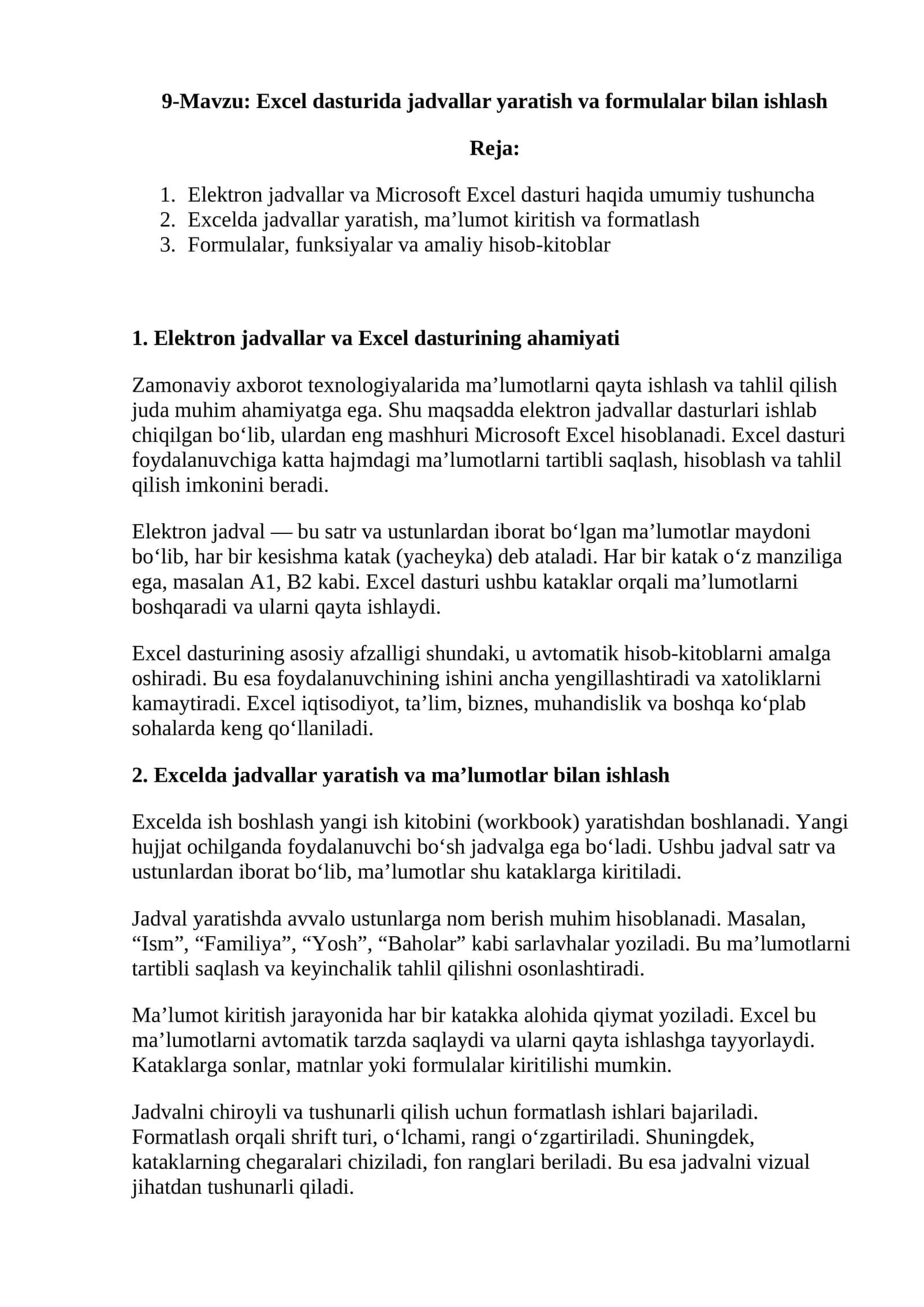 Excel dasturida jadvallar yaratish va formulalar bilan ishlash