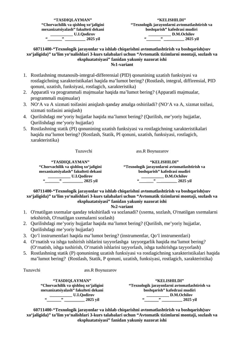 “Avtomatik tizimlarni montaji, sozlash va ekspluatatsiyasi” fanidan yakuniy nazorat ishi