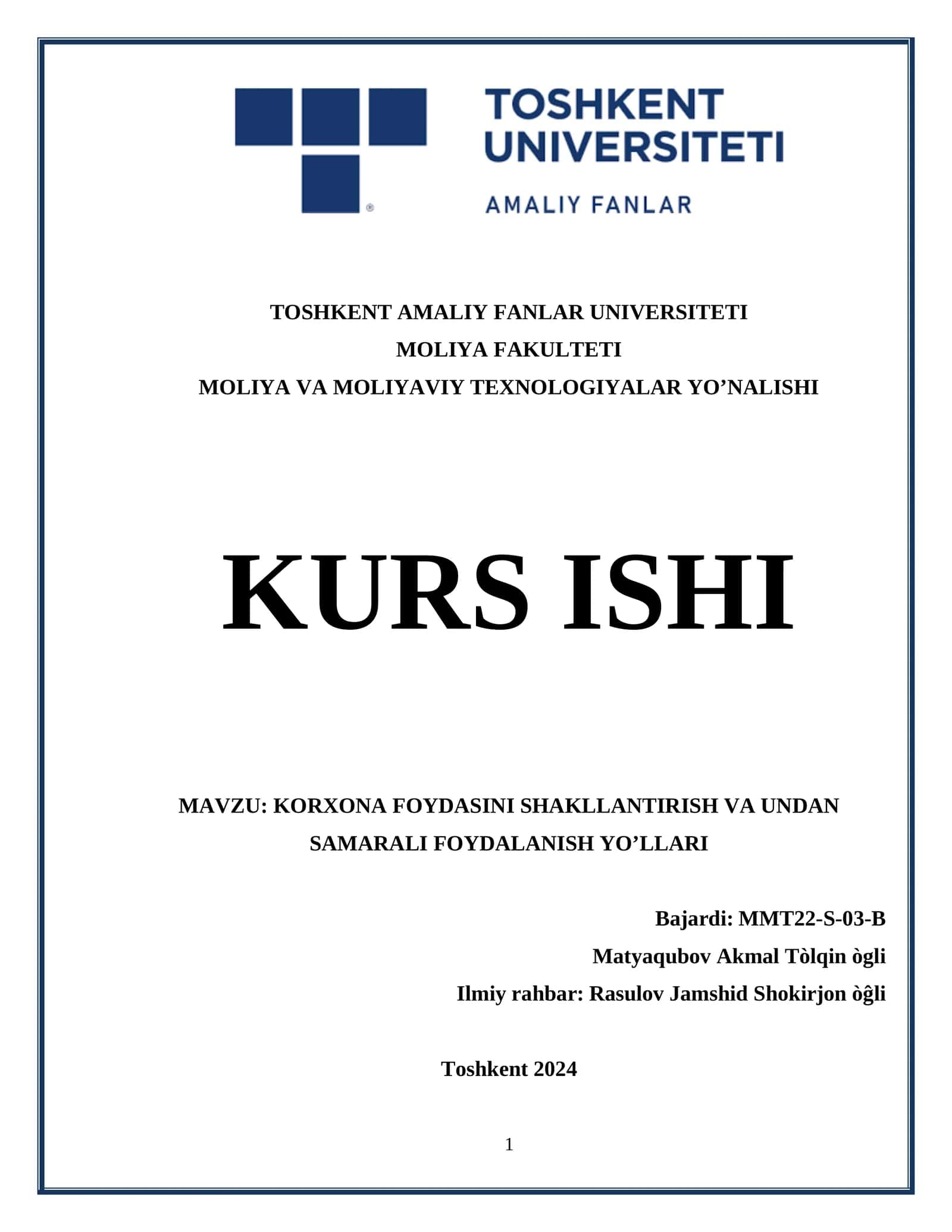 Kurs ishi: Korxona foydasini shakllantirish va undan samarali foydalanish yollari