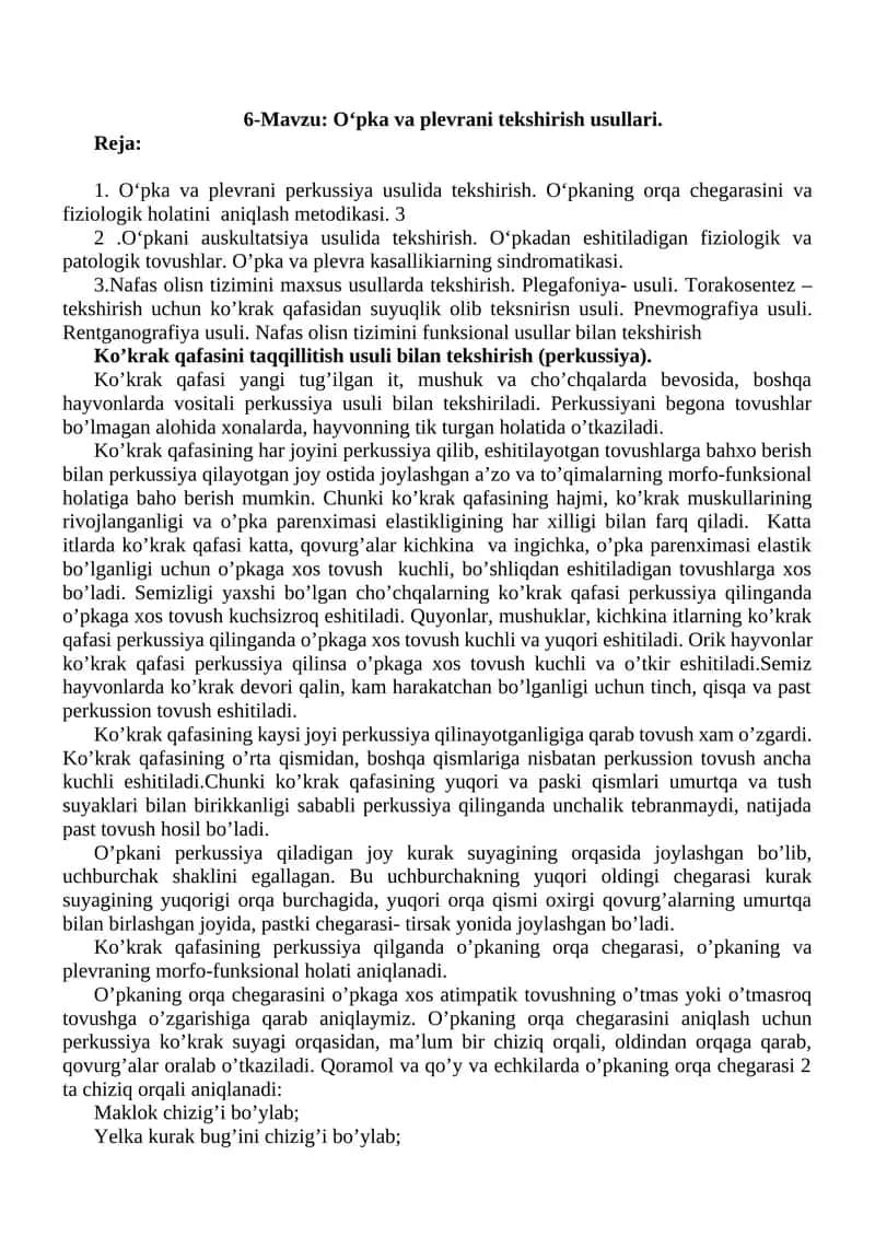 O‘pka va Plevrani Tekshirish Usullari