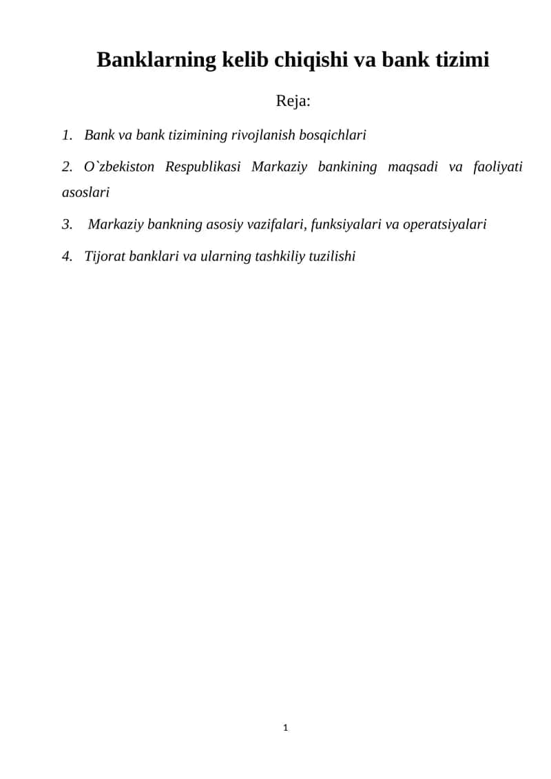 Banklarning kelib chiqishi va bank tizimi