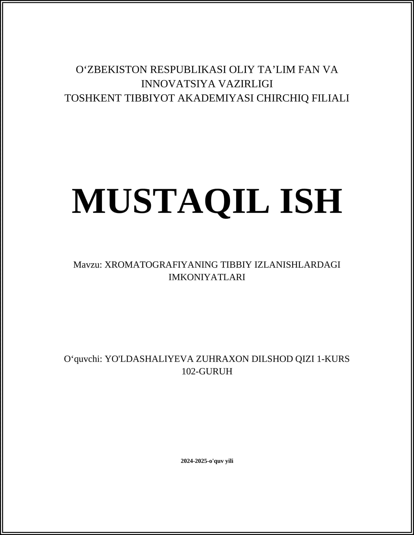 XROMATOGRAFIYANING TIBBIY IZLANISHLARDAGI IMKONIYATLARI