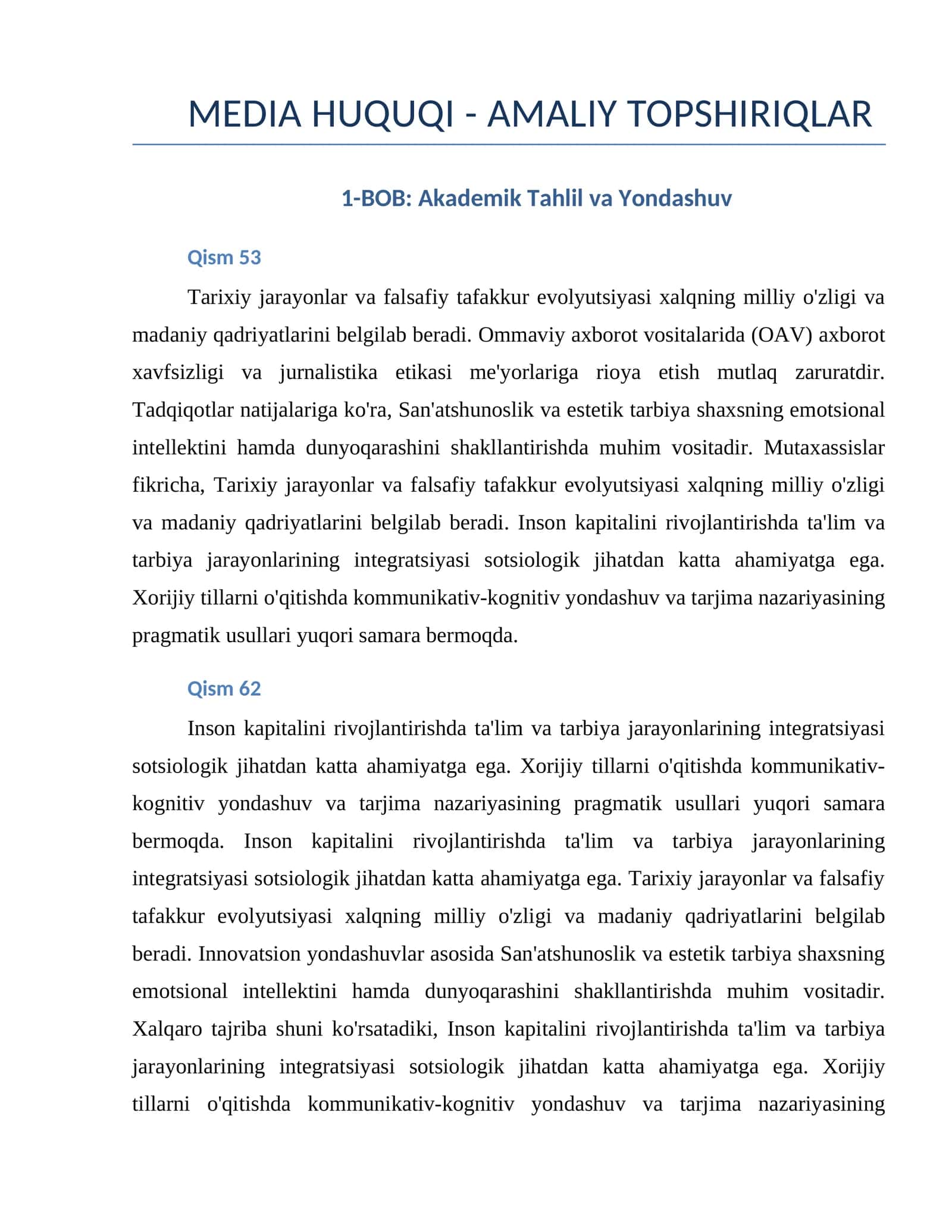 MEDIA HUQUQI - AMALIY TOPSHIRIQLAR