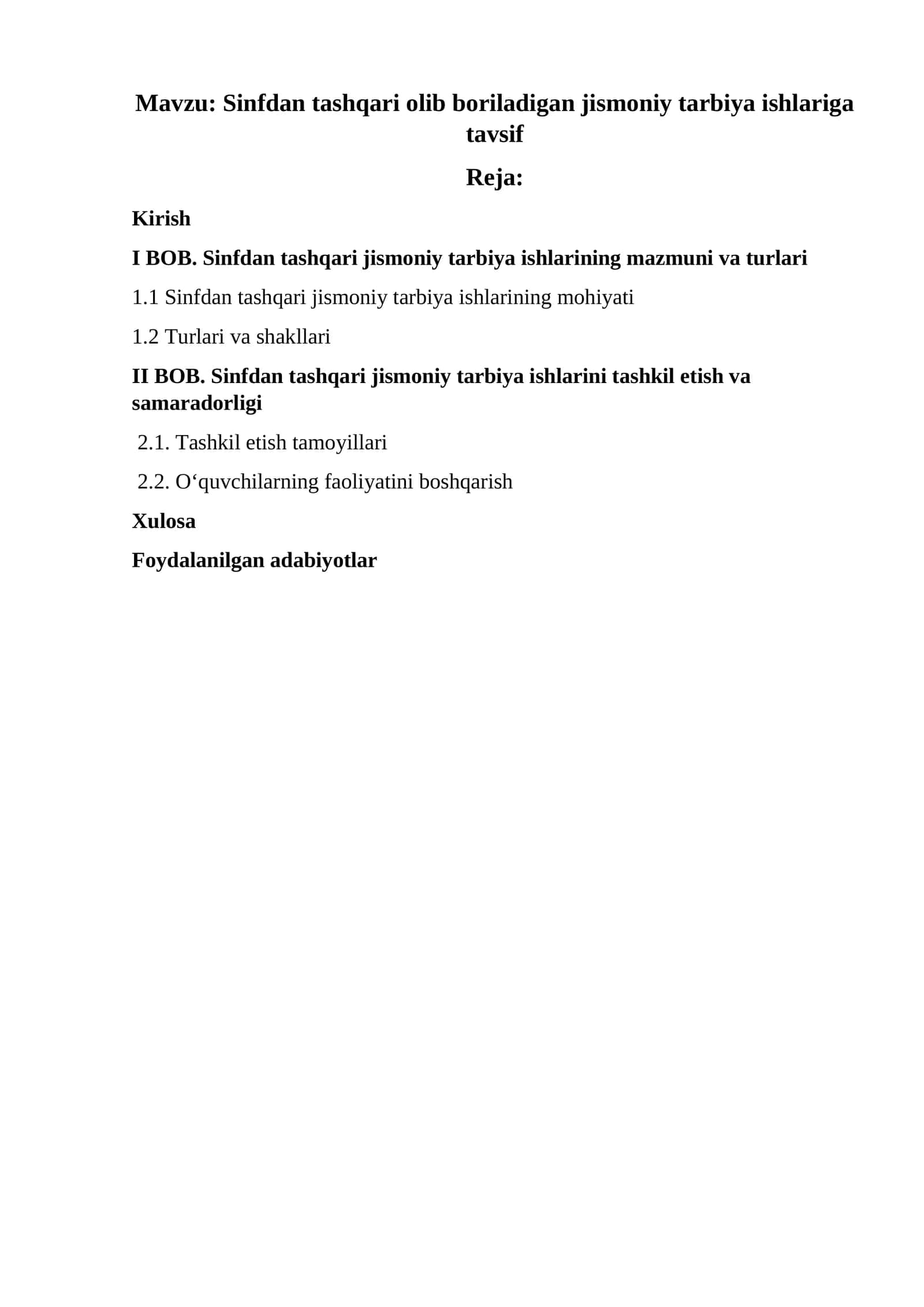 Sinfdan tashqari jismoniy tarbiya ishlariga tavsif