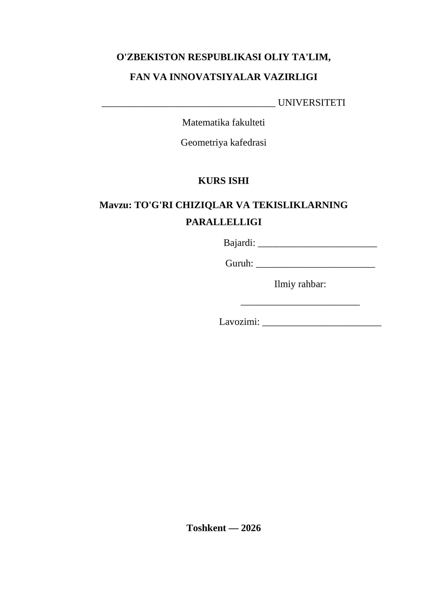 TO'G'RI CHIZIQLAR VA TEKISLIKLARNING PARALLELLIGI