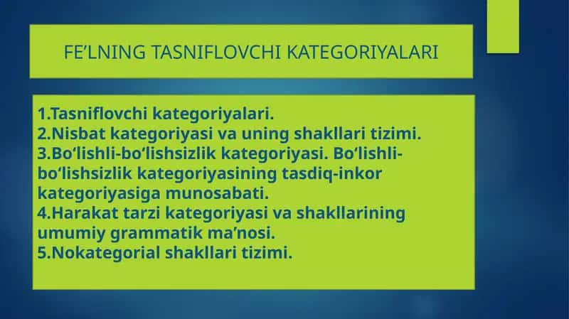 FE’LNING TASNIFLOVCHI KATEGORIYALARI