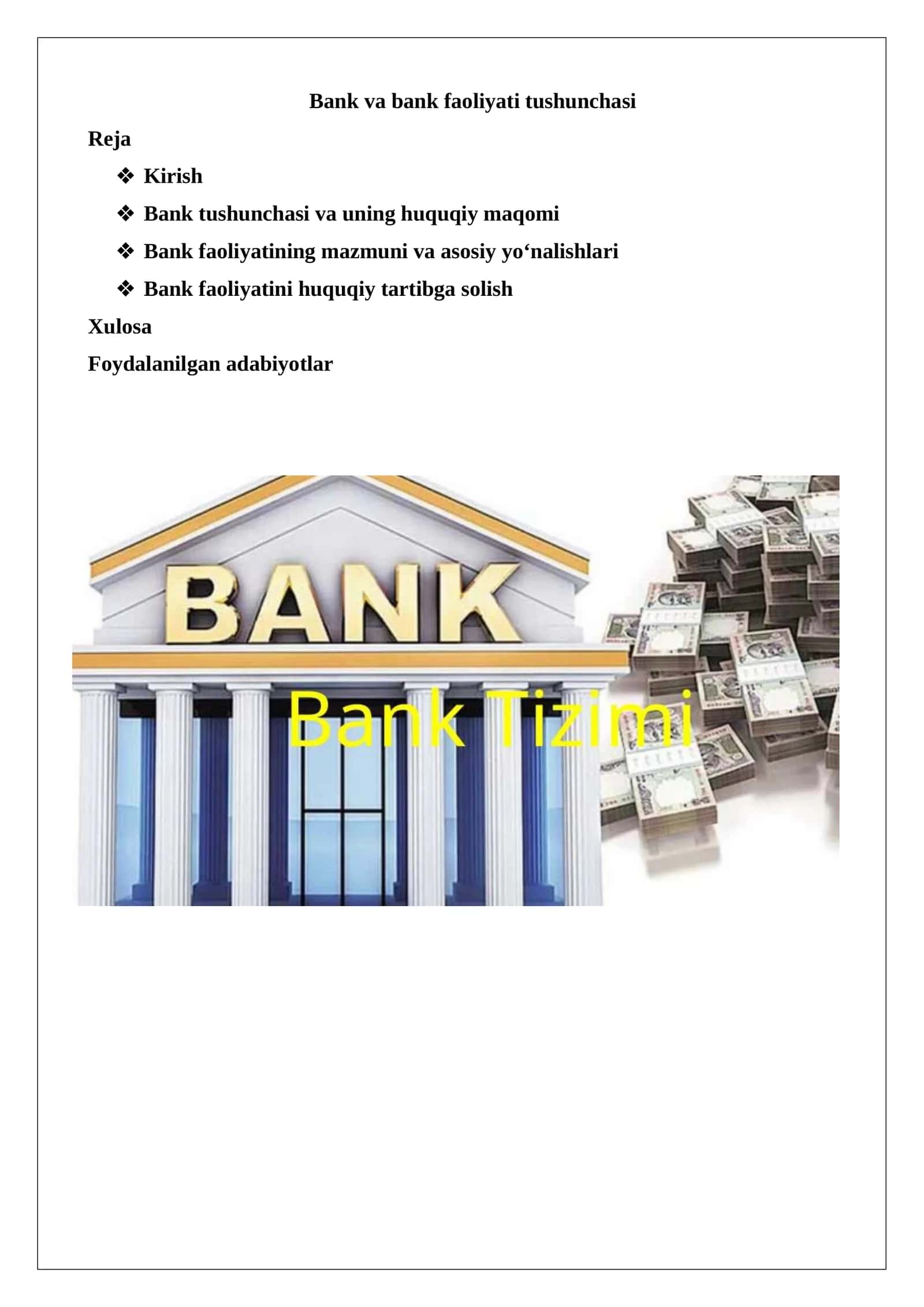 Bank va bank faoliyati tushunchasi