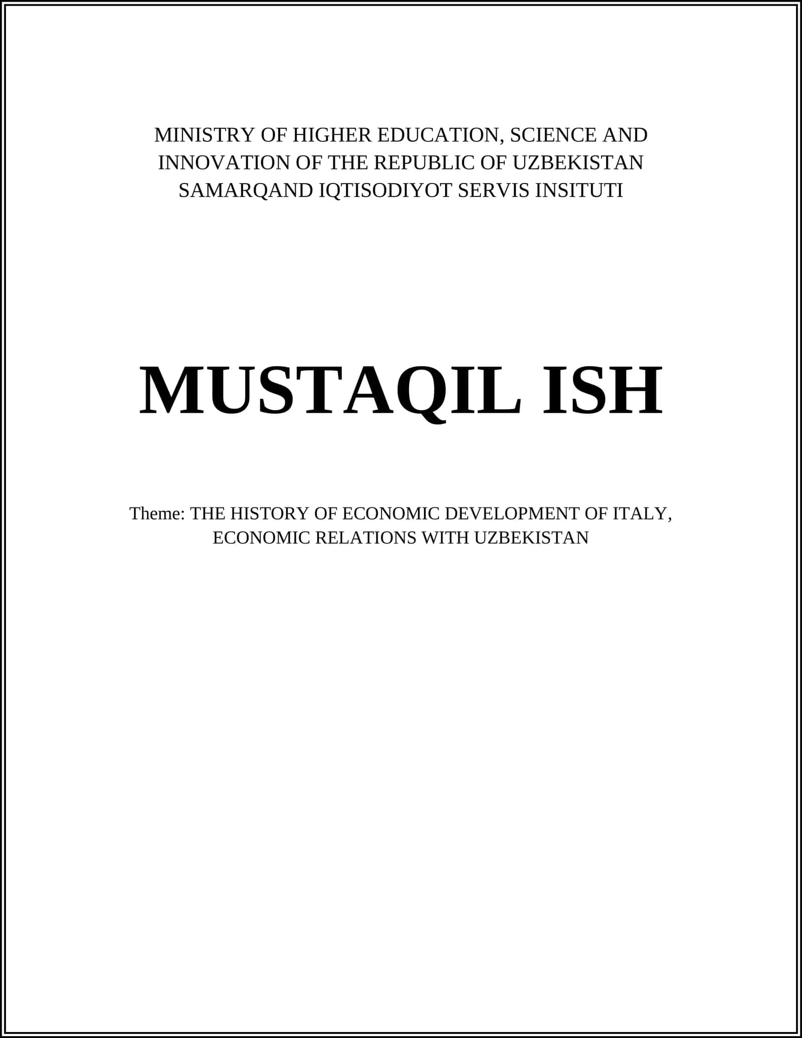 THE HISTORY OF ECONOMIC DEVELOPMENT OF ITALY, ECONOMIC RELATIONS WITH UZBEKISTAN
