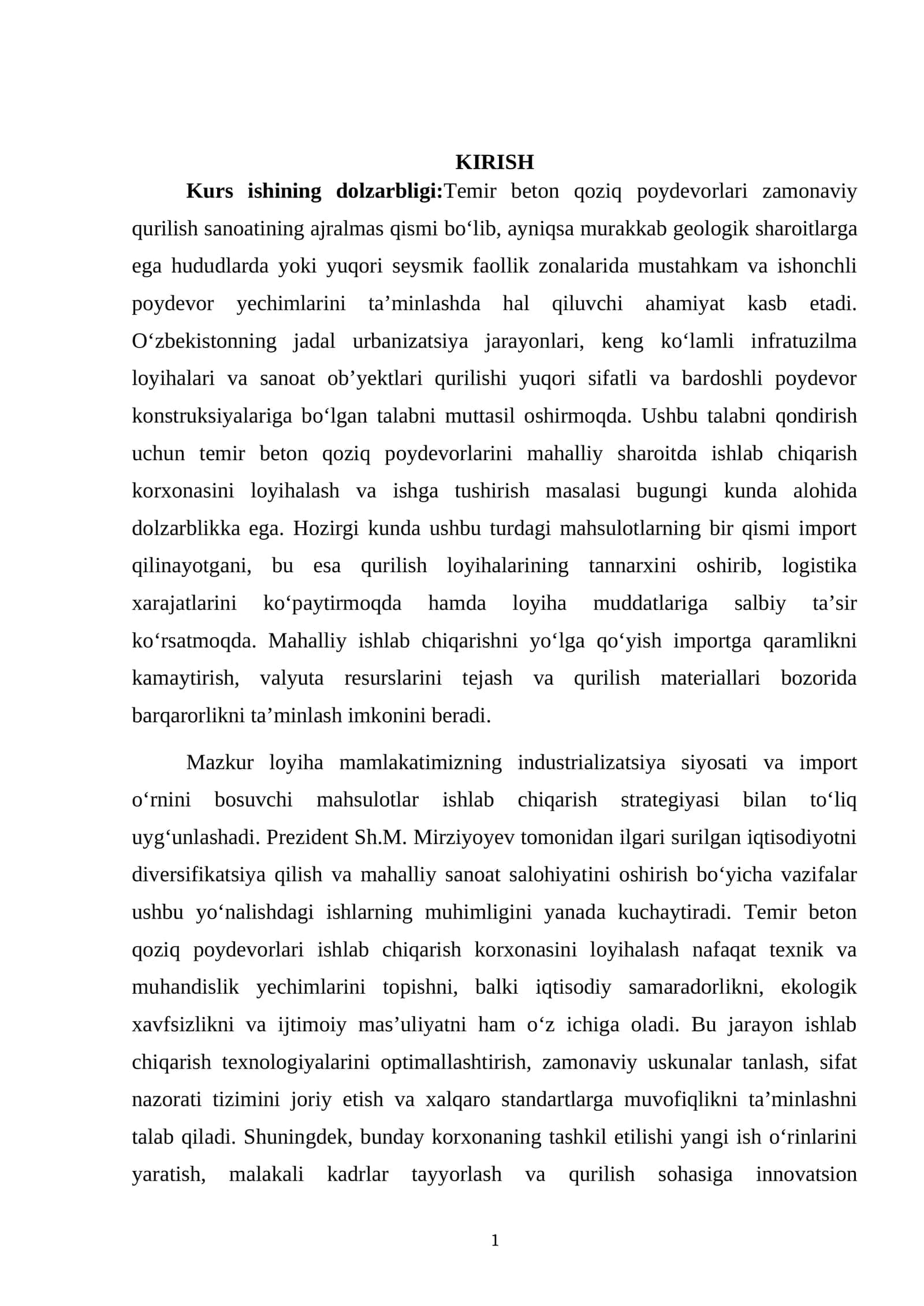 Temir beton qoziq poydevorlari ishlab chiqarish korxonasini loyixalash