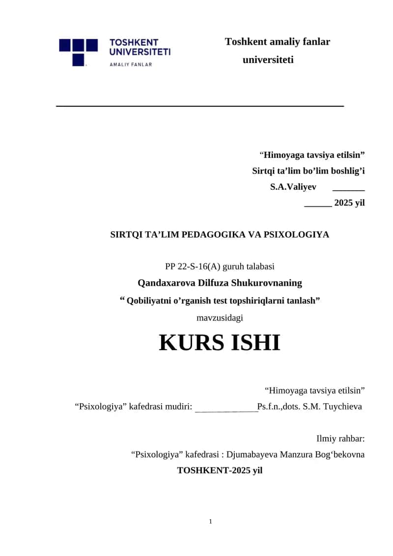 Qobiliyatni o’rganish test topshiriqlarni tanlash