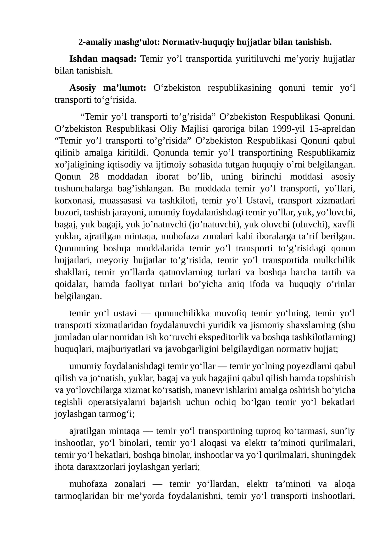 Normativ-huquqiy hujjatlar bilan temir yo'li transporti to'g'risida tanishish. O‘zbekiston respublik